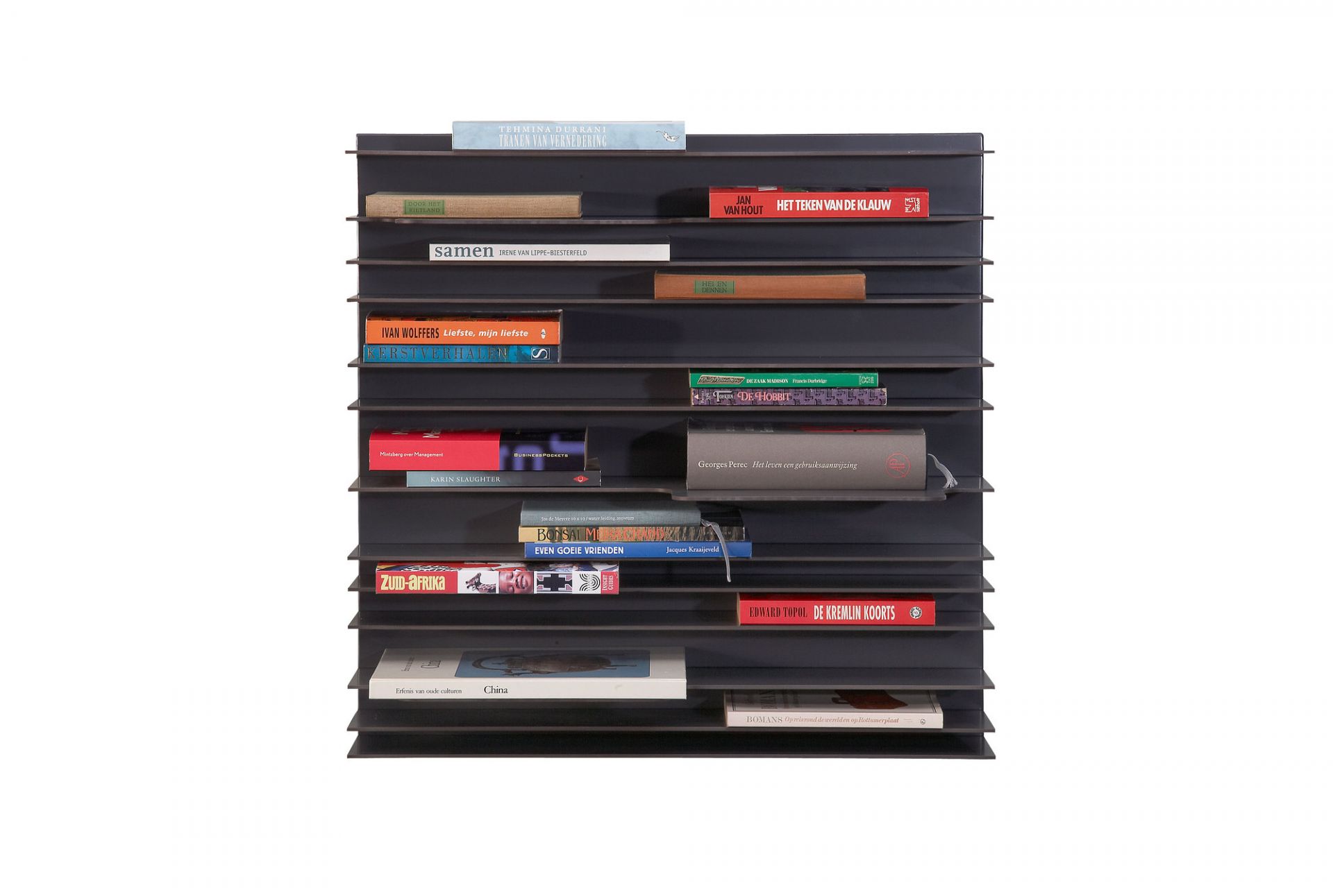 Anthrazitfarbenes Bücherregal im Paperback-Design, 30x60 cm, gefüllt mit Büchern. Modernes Wandregal für Wohnzimmer oder Büro.