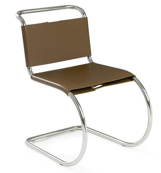 MR Freischwinger Stuhl von Knoll International ohne Armlehne, braunes Leder, verchromtes Stahlrohrgestell.