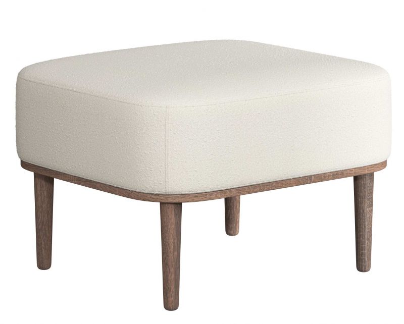Serena Pouf Ottoman mit weißem Nubbio Bezug und dunklen Eichenholzbeinen. Moderner Hocker.