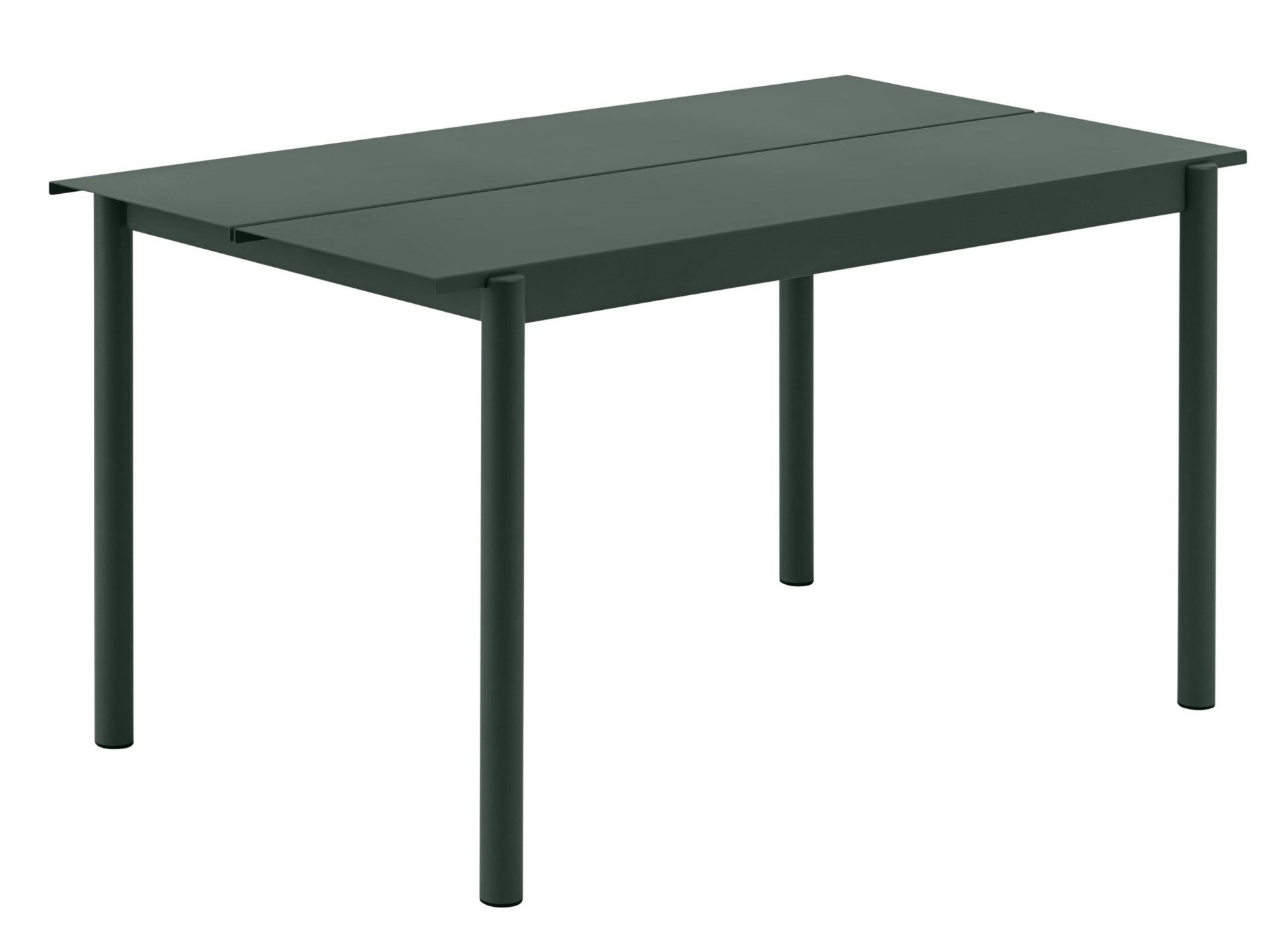 Muuto Linear Steel Outdoor Tisch in Dunkelgrün, minimalistisches Design mit geraden Linien und Stahlgestell.