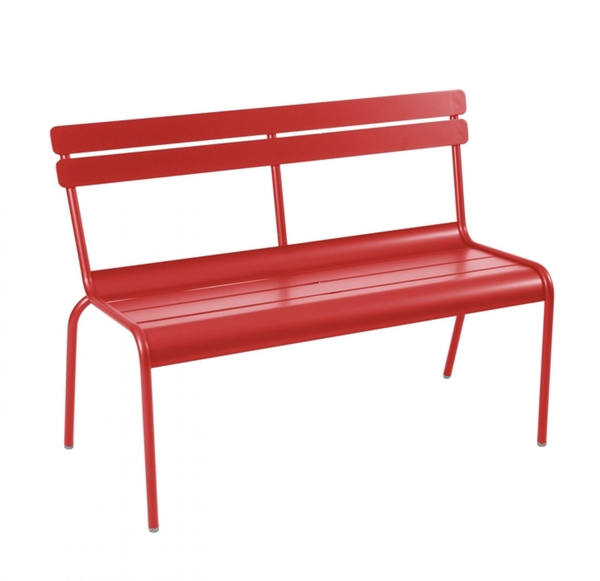 Rote Fermob Luxembourg Bank für den Außenbereich, Gartenbank aus Metall, modernes Design.