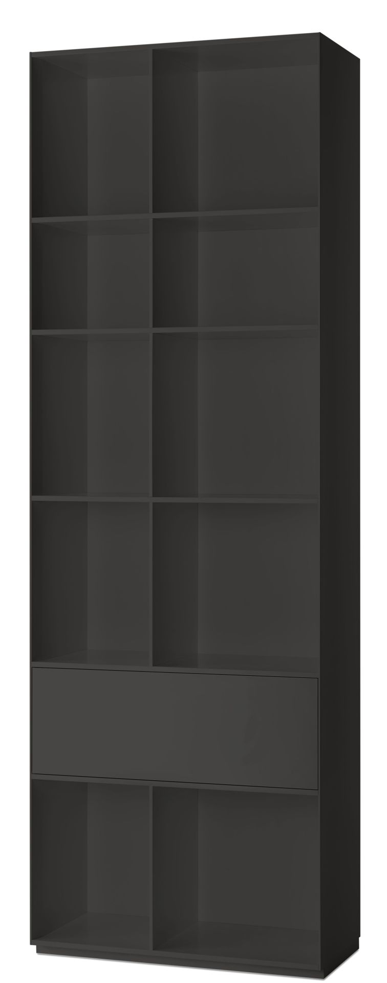 Nex Pur Regal von Piure in Anthrazit mit Schublade und offenen Fächern für Wohnzimmer und Büro.