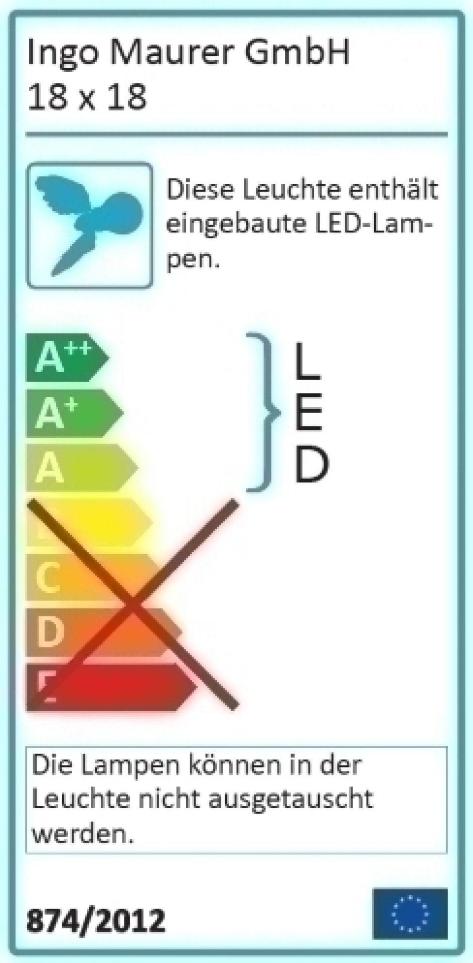 Energielabel der 18 x 18 LED Wandleuchte von Ingo Maurer mit Energieeffizienzklasse A.