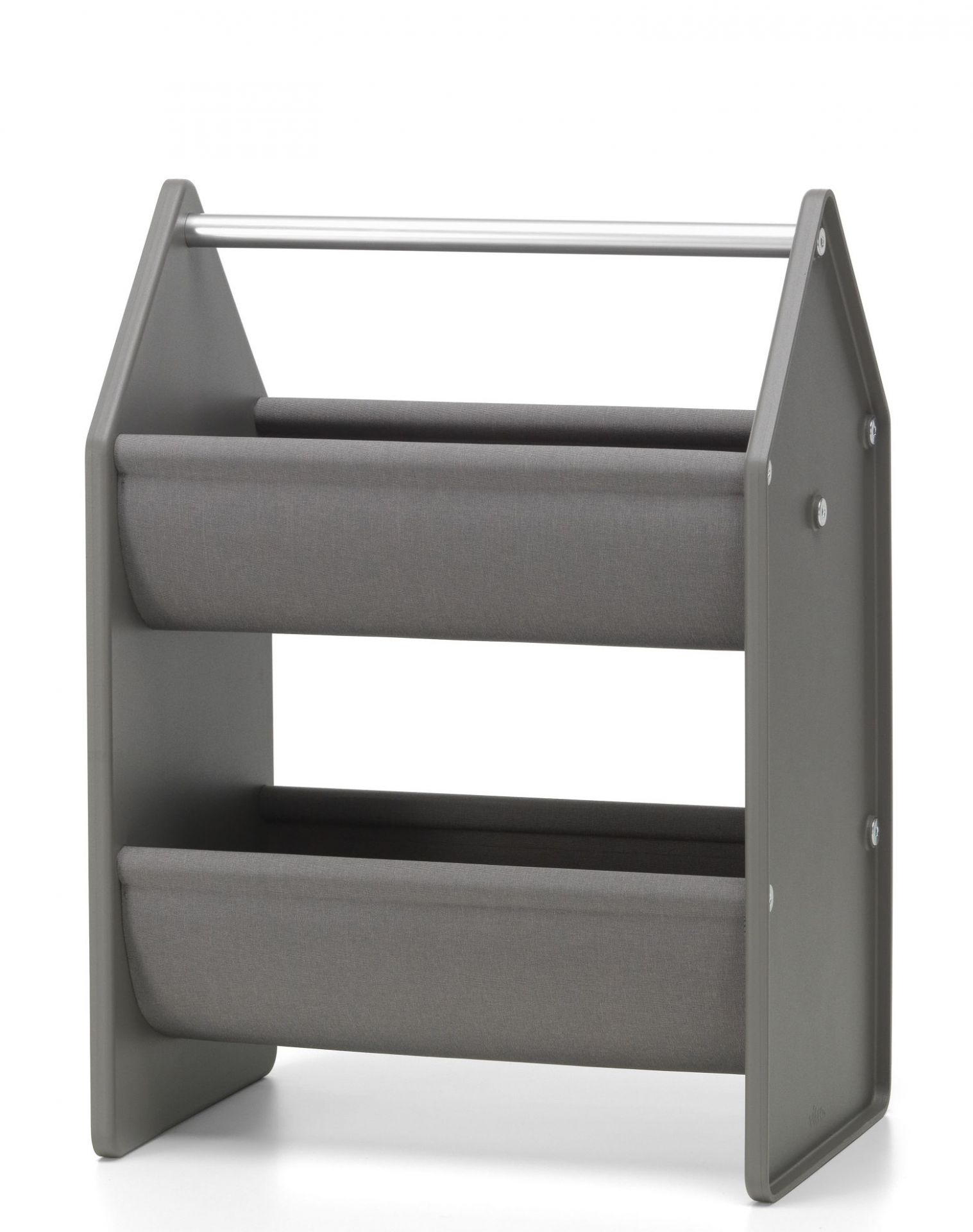Graue Vitra Drop Box Aufbewahrungsbox mit zwei Fächern und silberner Stange, ideal für Kinderzimmer.