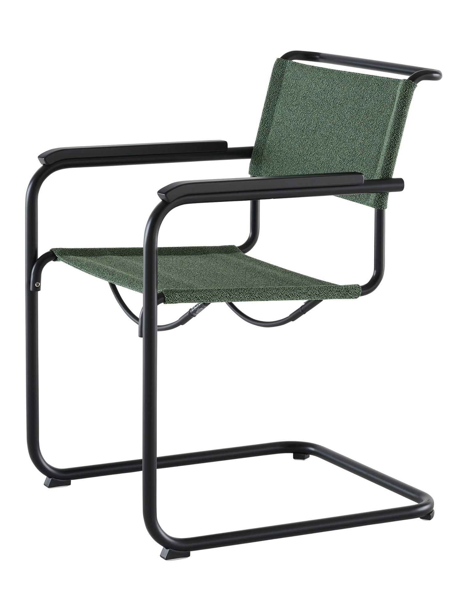 Thonet S 34 Freischwinger mit grüner Bespannung und schwarzem Stahlrohr-Gestell, seitliche Ansicht.