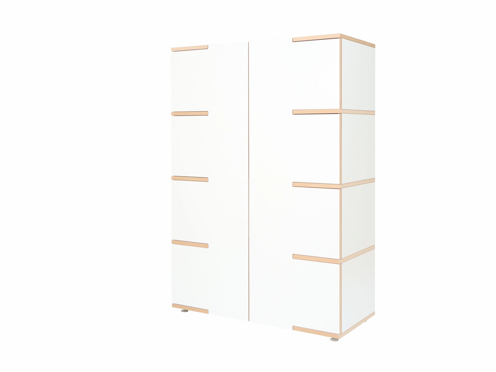 Weißes Stau Sideboard von Tojo mit Holzkanten und Füßen, modernes Möbelstück für Wohnzimmer und Büro.