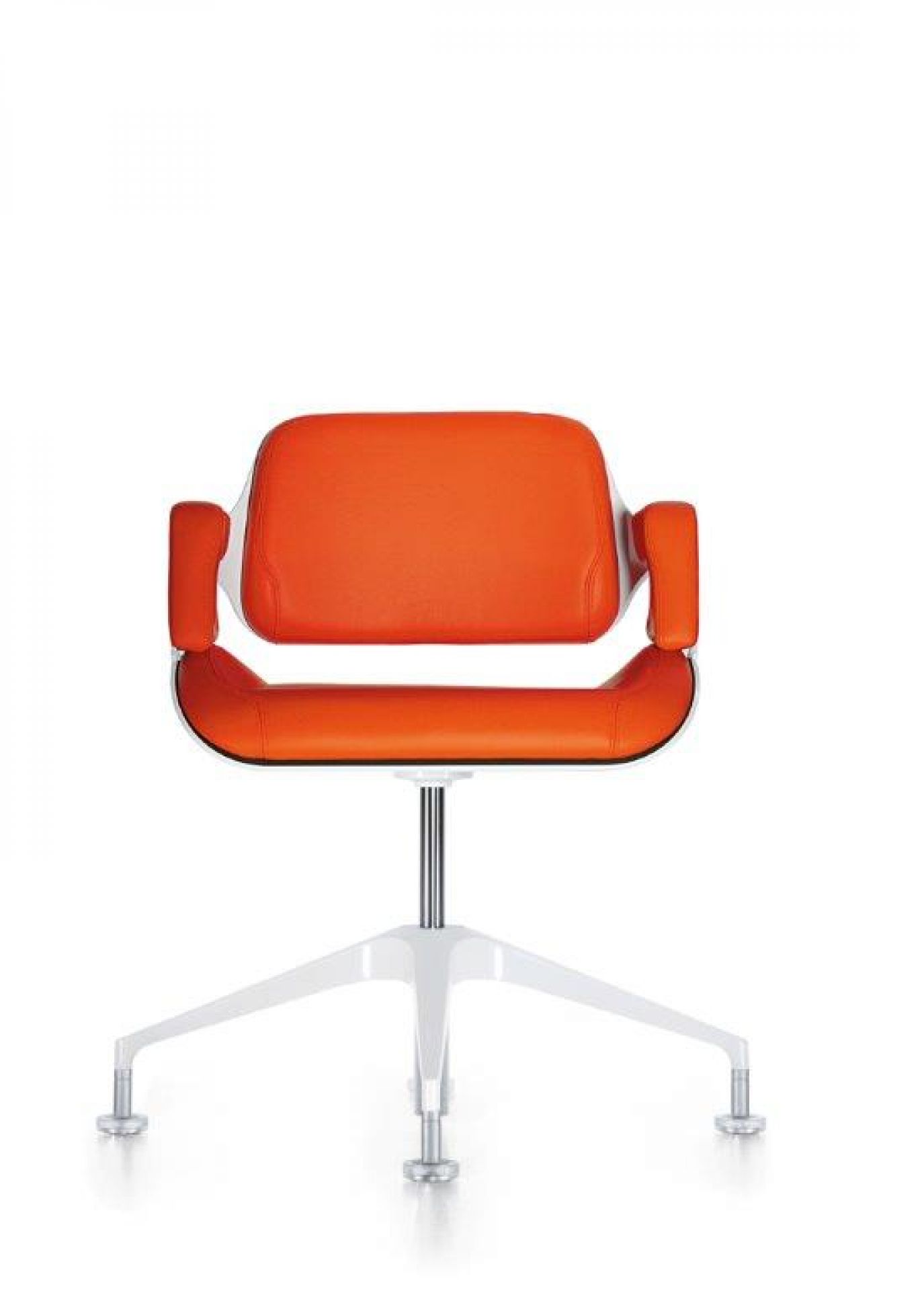 Interstuhl 101S Konferenzstuhl in Orange mit Armlehnen und weißem Fußkreuz, Bürostuhl für Konferenzen.