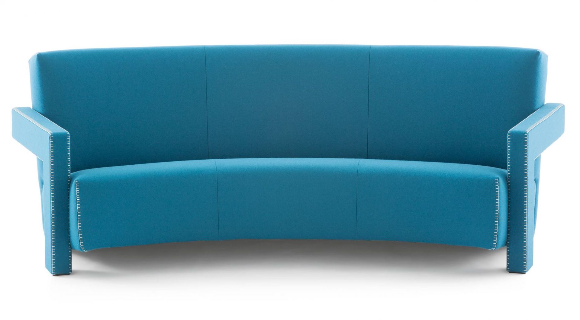 Blauer Cassina Utrecht Sofa Dreisitzer, gebogen, mit markanten Armlehnen und Ziernähten.