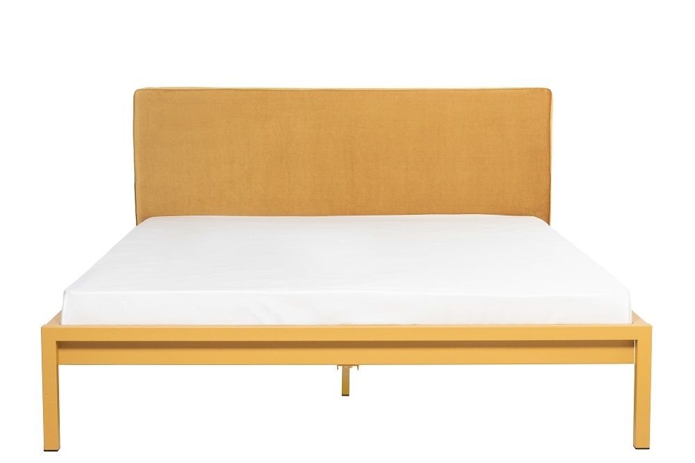 Pure Bett Stahl pulverbeschichtet Sand Gold mit Samt Kopfteil, modernes Doppelbett in Goldoptik.