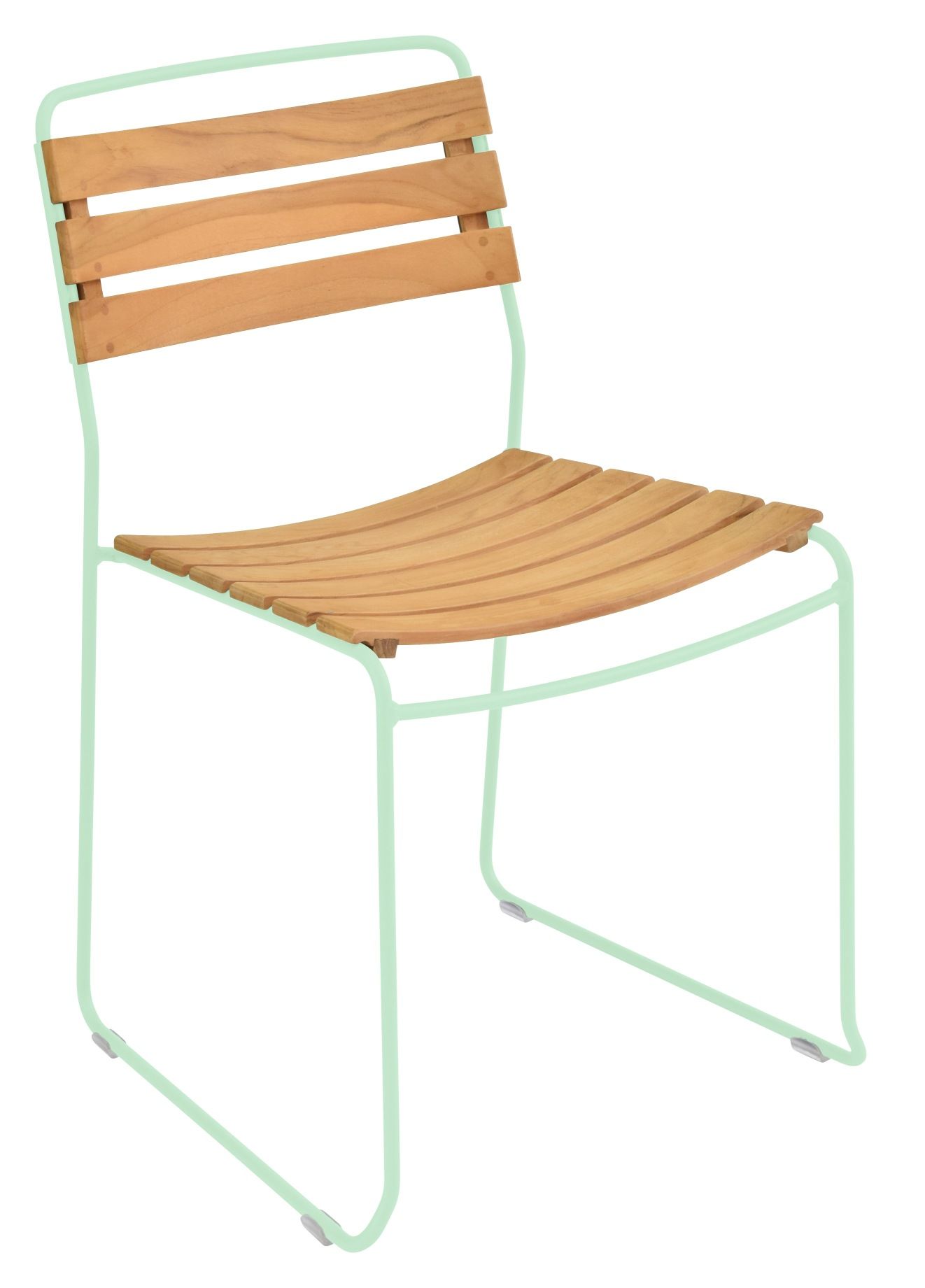Fermob Surprising Teak Chair Stuhl Outdoor: Moderner Gartenstuhl mit Teakholz-Sitzfläche und mintgrünem Metallgestell.