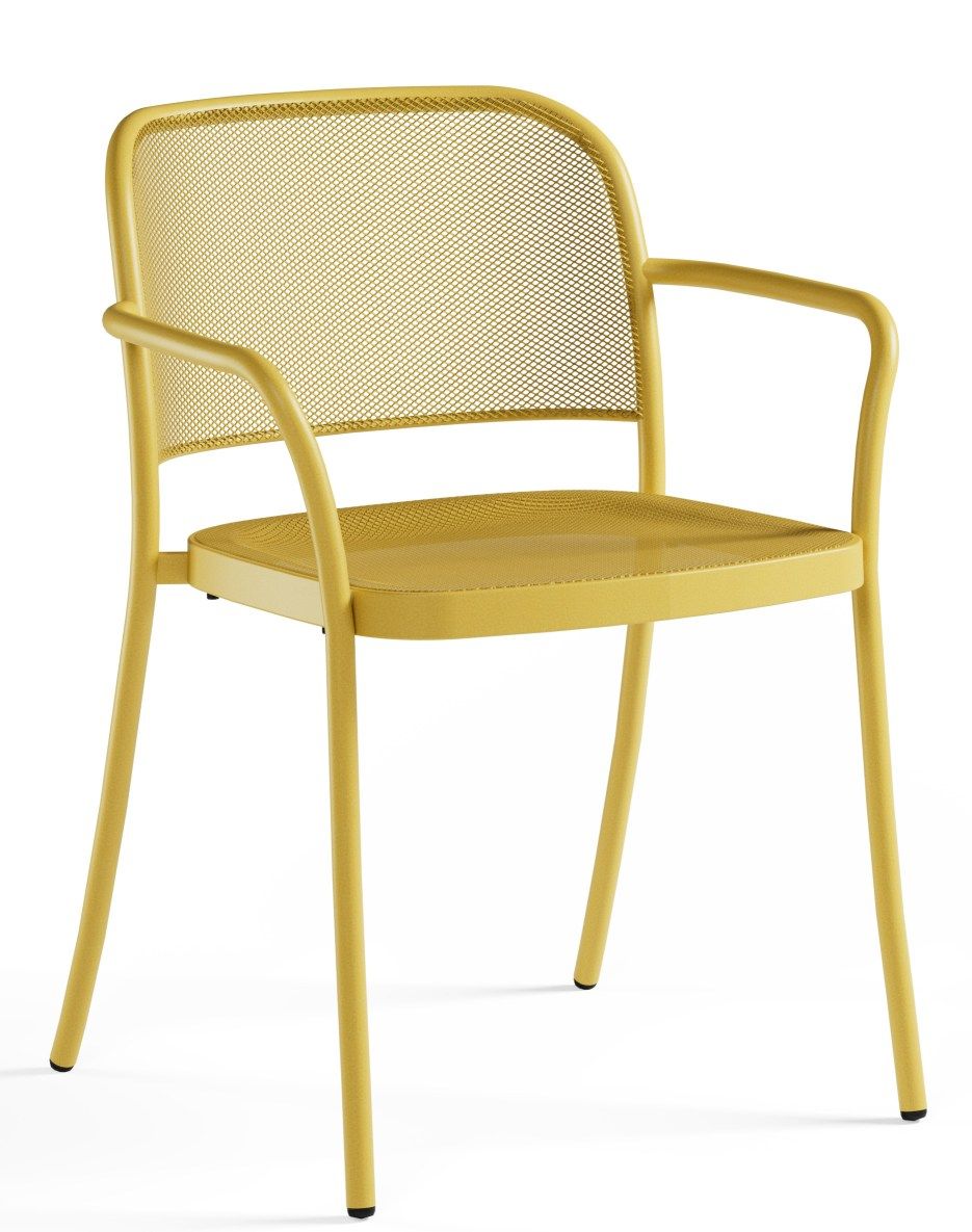 Gelber Cafè Armchair Armlehnen Stuhl von Emu für den Außenbereich, Metallstuhl mit Netzstruktur und minimalistischem Design.