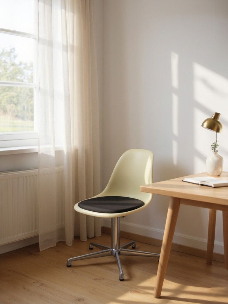 Eames Side Chair DSL von Vitra, Fiberglas Stuhl in Beige mit schwarzem Sitzpolster.