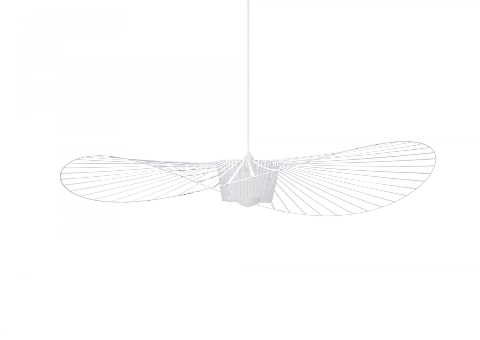 Weiße Vertigo Pendelleuchte von Petite Friture, modernes Design mit filigranem Schirm und zentralem Leuchtmittel.