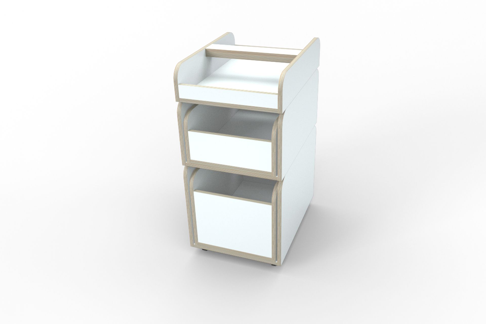 Growing Table Container: Weißes Kindertisch-Regal mit drei Fächern zur Aufbewahrung von Spielzeug.