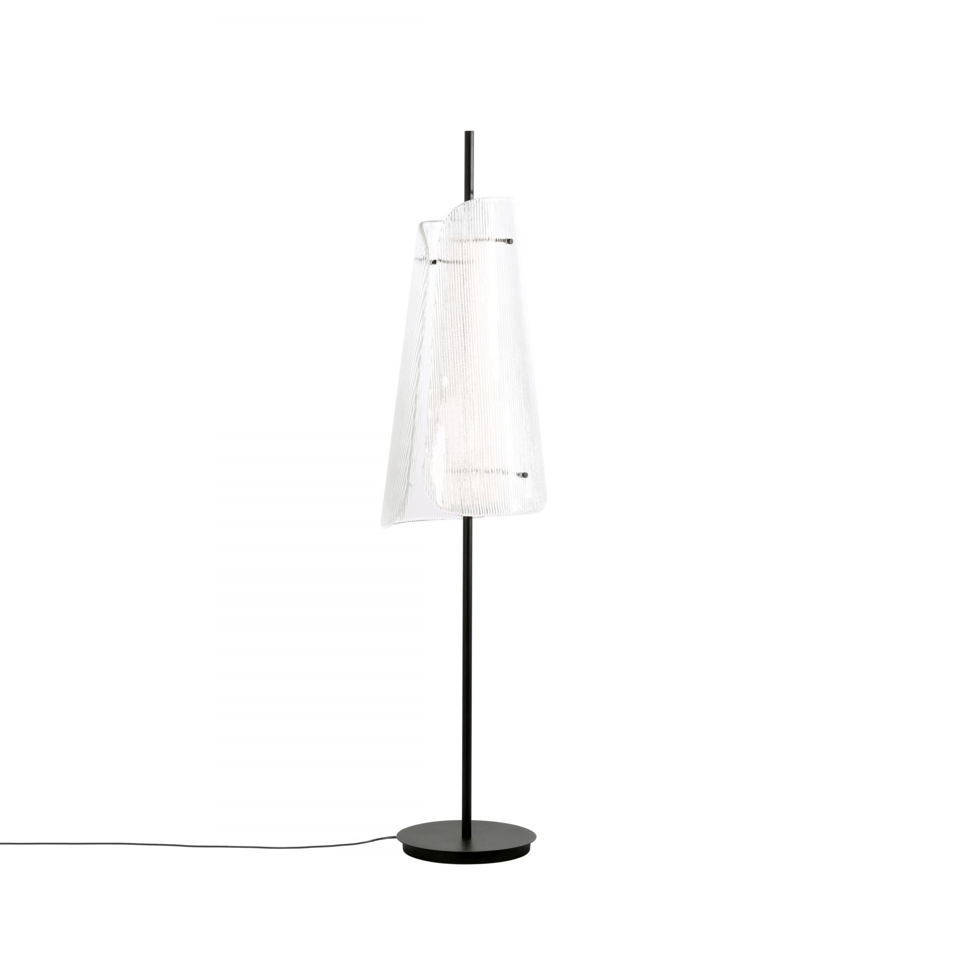 Bent Two Stehleuchte von Pulpo: Transparentes Glas mit schwarzem Fuß und LED-Beleuchtung.