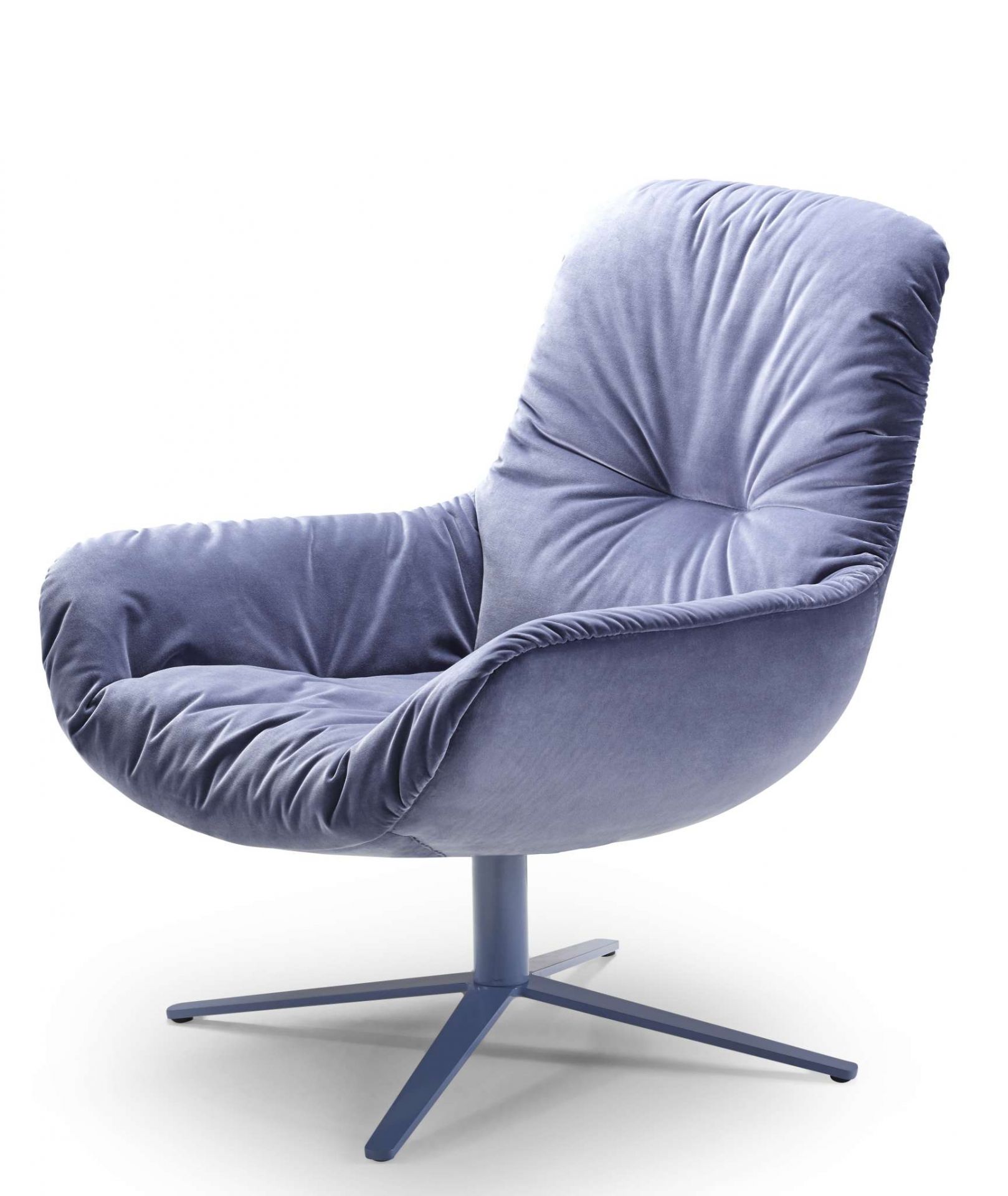 Blauer Leya Lounge Chair mit Samtbezug und Drehfuß, moderner Sessel für Wohnzimmer.
