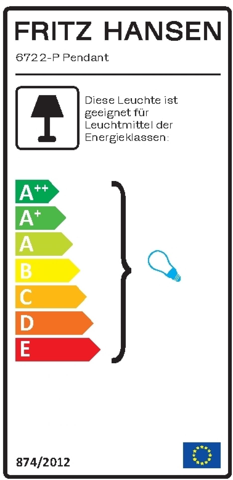 Energieeffizienzlabel für Fritz Hansen 6722-P Pendelleuchte. Geeignet für Leuchtmittel der Energieklassen A++ bis E.