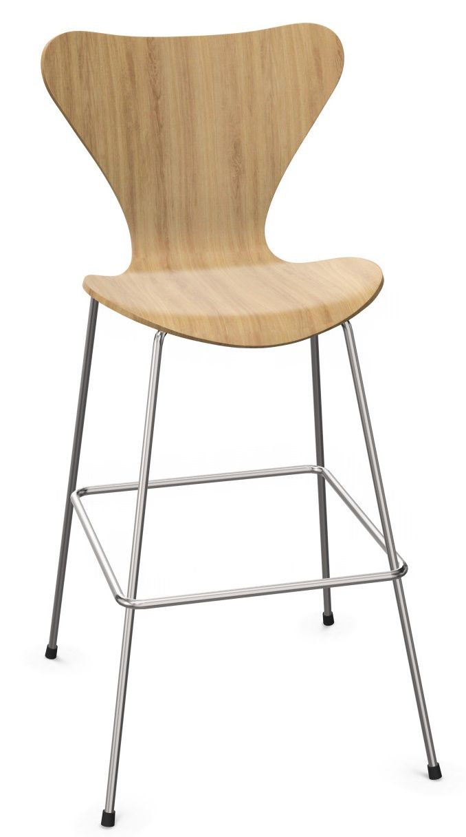 Siebener Barhocker aus Eiche mit Chromgestell von Fritz Hansen, ungepolstert, moderne Sitzgelegenheit.
