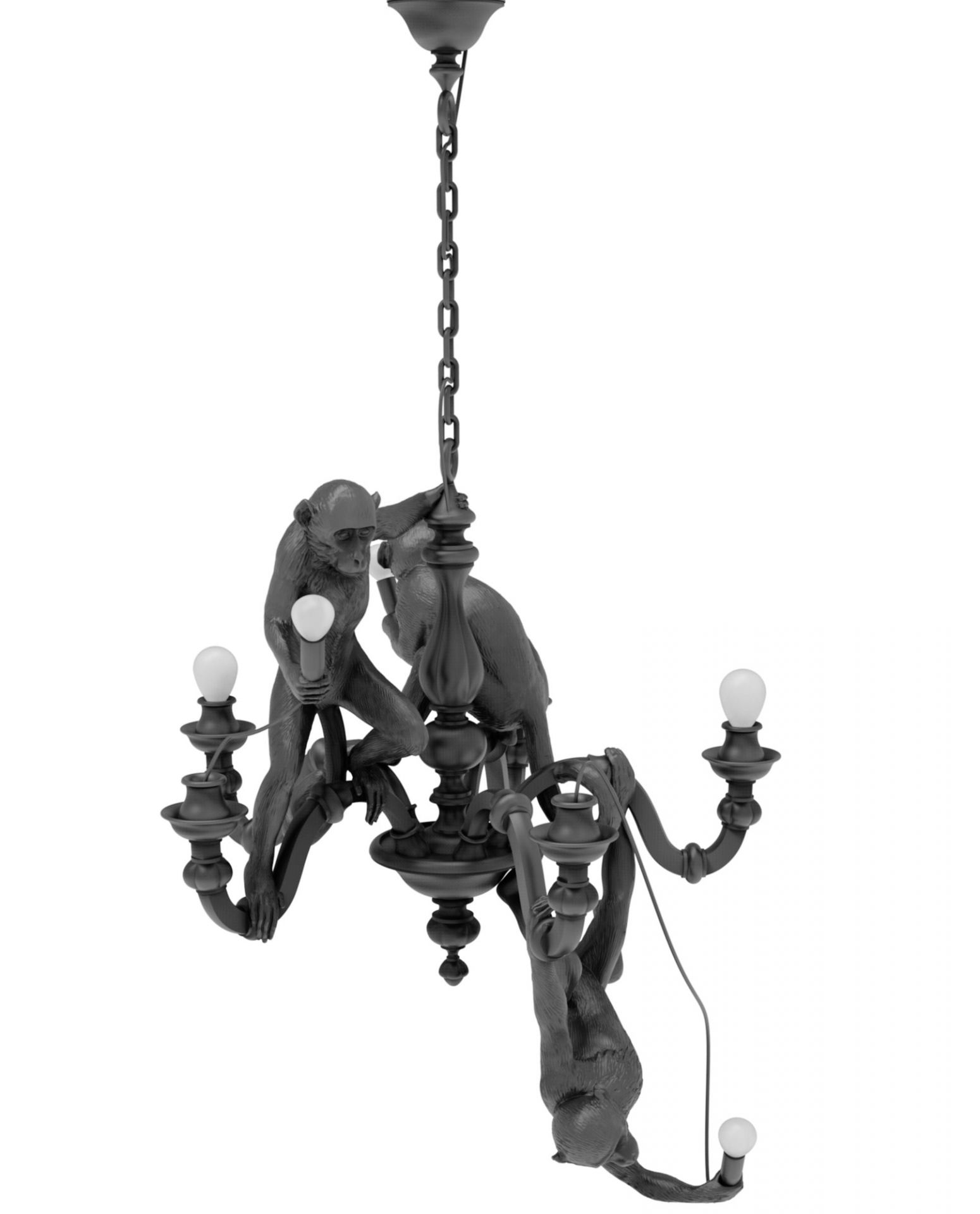 Schwarze Monkey Chandelier Pendelleuchte von Seletti: Affen halten Glühbirnen an einer ungewöhnlichen Designerlampe.