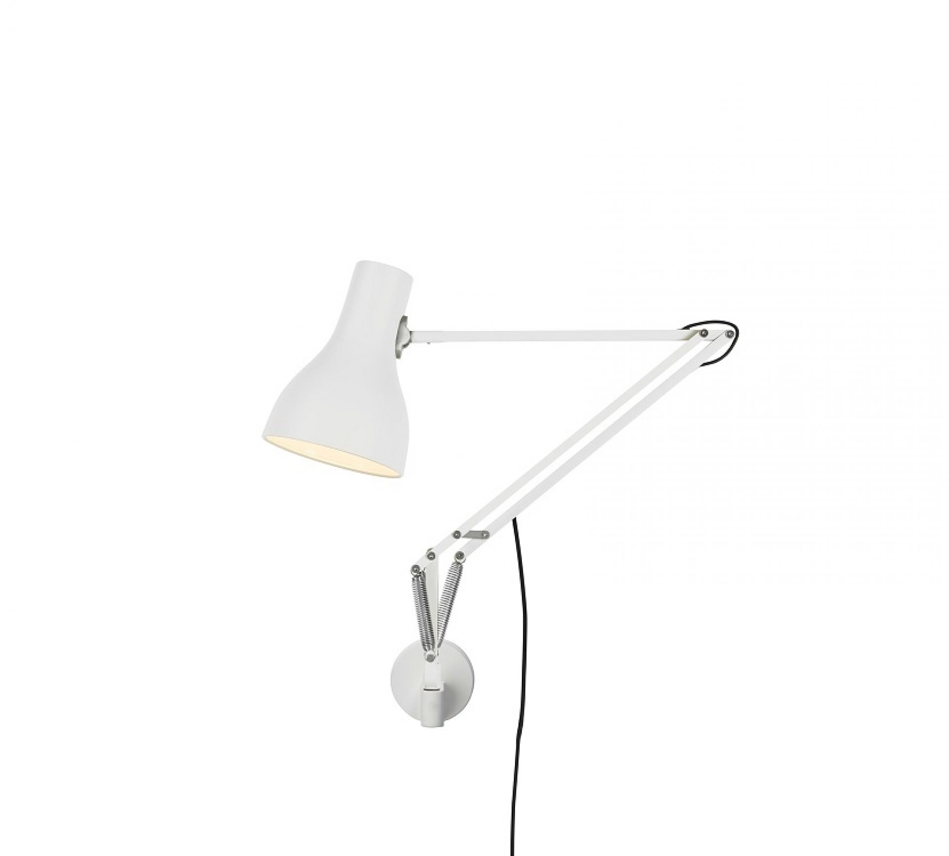 Weiße Type 75 Wandleuchte von Anglepoise mit verstellbarem Arm und Kegelförmigem Lampenschirm für flexible Beleuchtung.