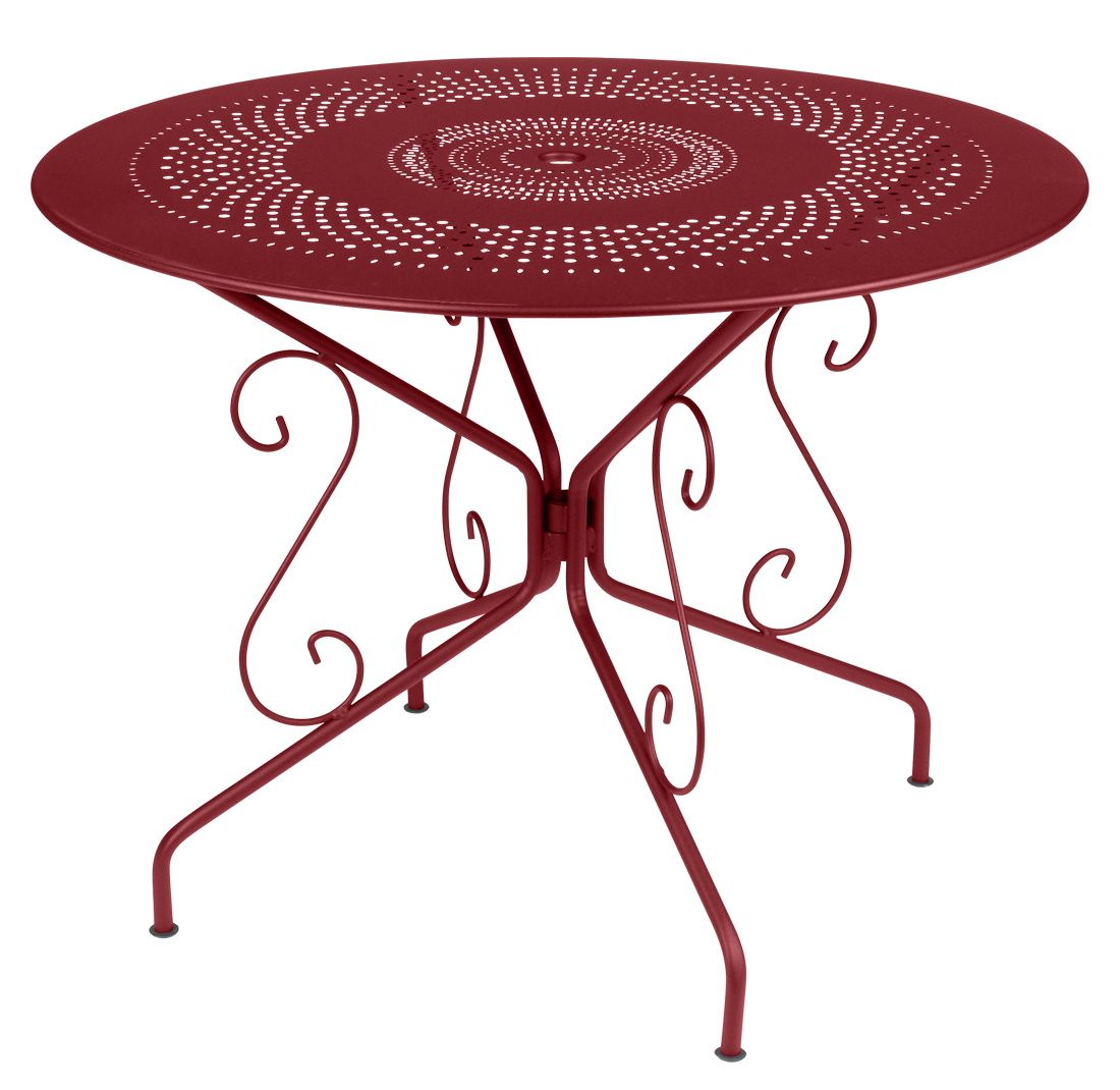 Runder, roter Montmartre Tisch von Fermob für den Außenbereich mit filigranem Design.