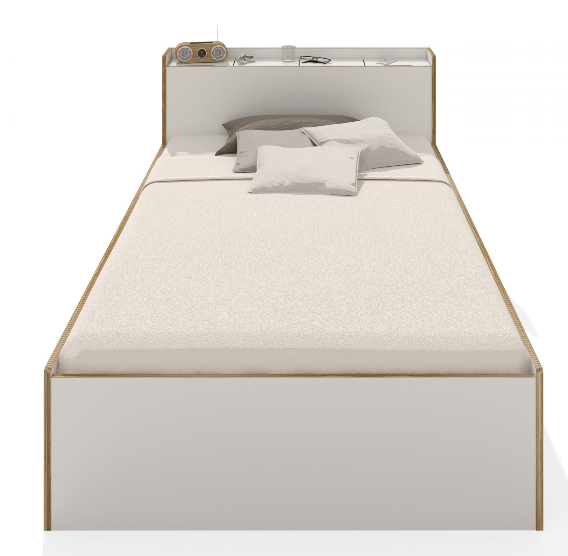 Weißes Nook Einzelbett von Müller Möbelwerkstätten mit Ablagefläche und Kissen. Modernes Bett für Schlafzimmer.
