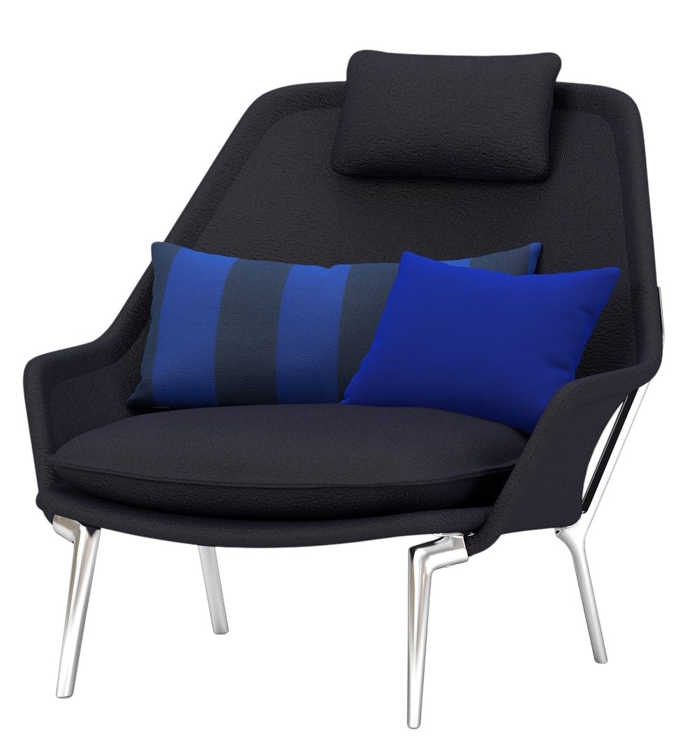 Schwarzer Slow Chair Sessel von Vitra mit blauen Kissen und silbernen Beinen, Stoffbezug.