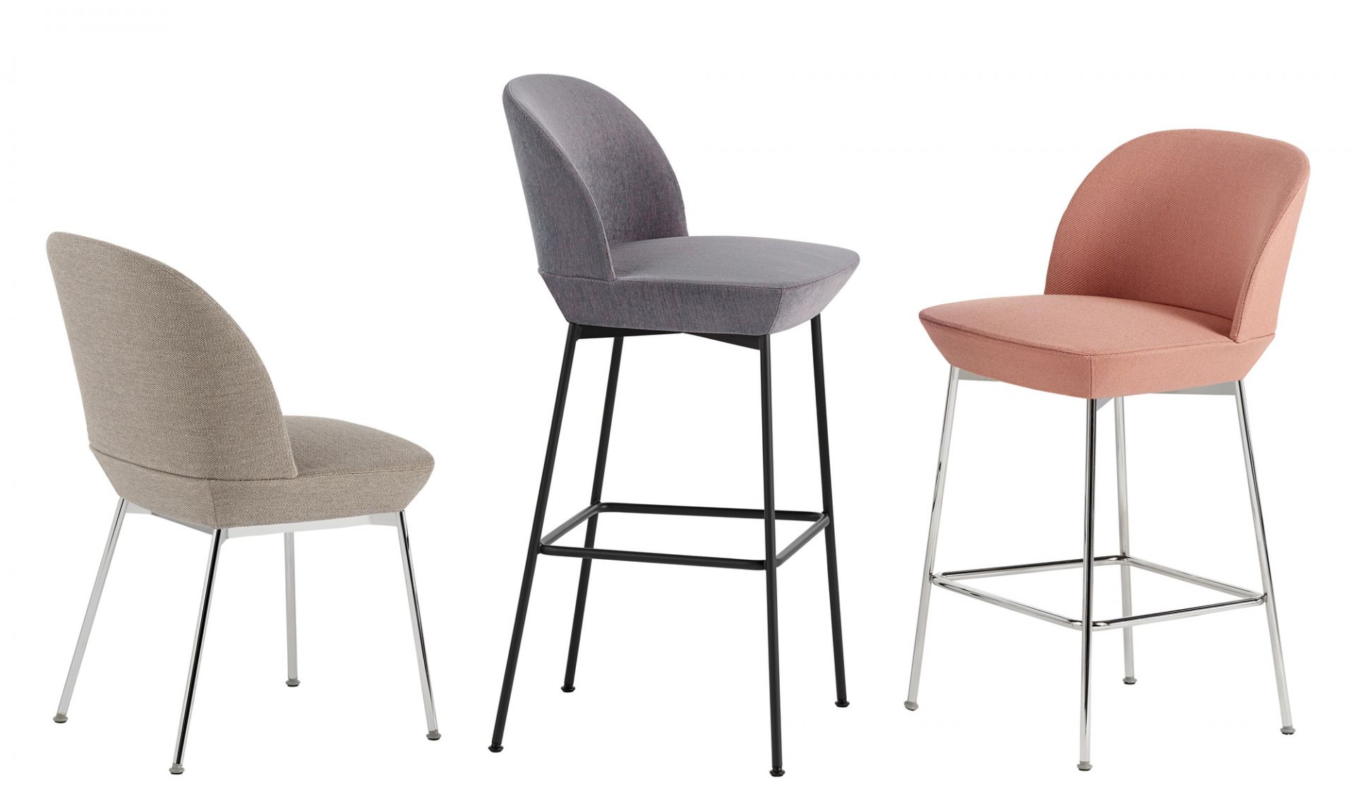 Drei Oslo Barhocker von Muuto in Beige, Grau und Rosa mit Metallgestell.