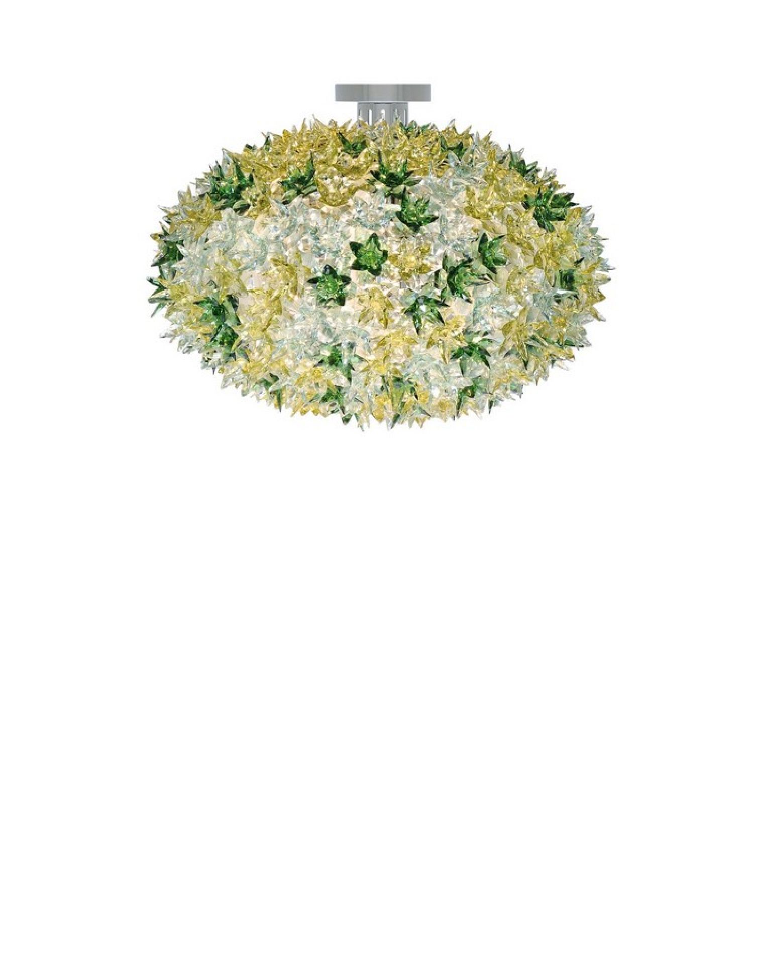 Kartell Bloom Leuchte für Wand oder Decke, blütenförmiges Design in Grün- und Gelbtönen.