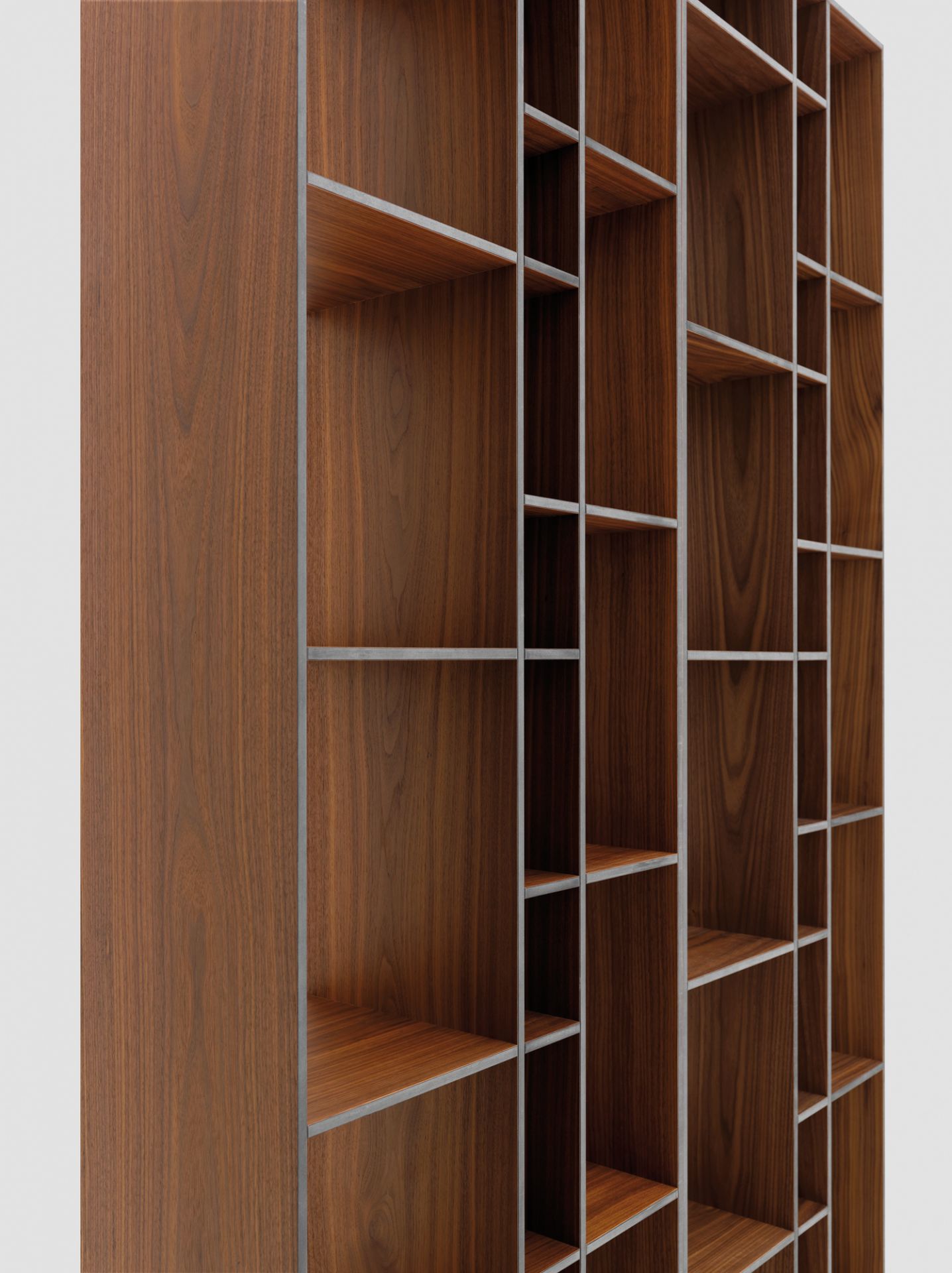 Detailaufnahme des Code 1 Holzregals aus MDF, ein modernes Bücherregal für Wohnzimmer und Büro.