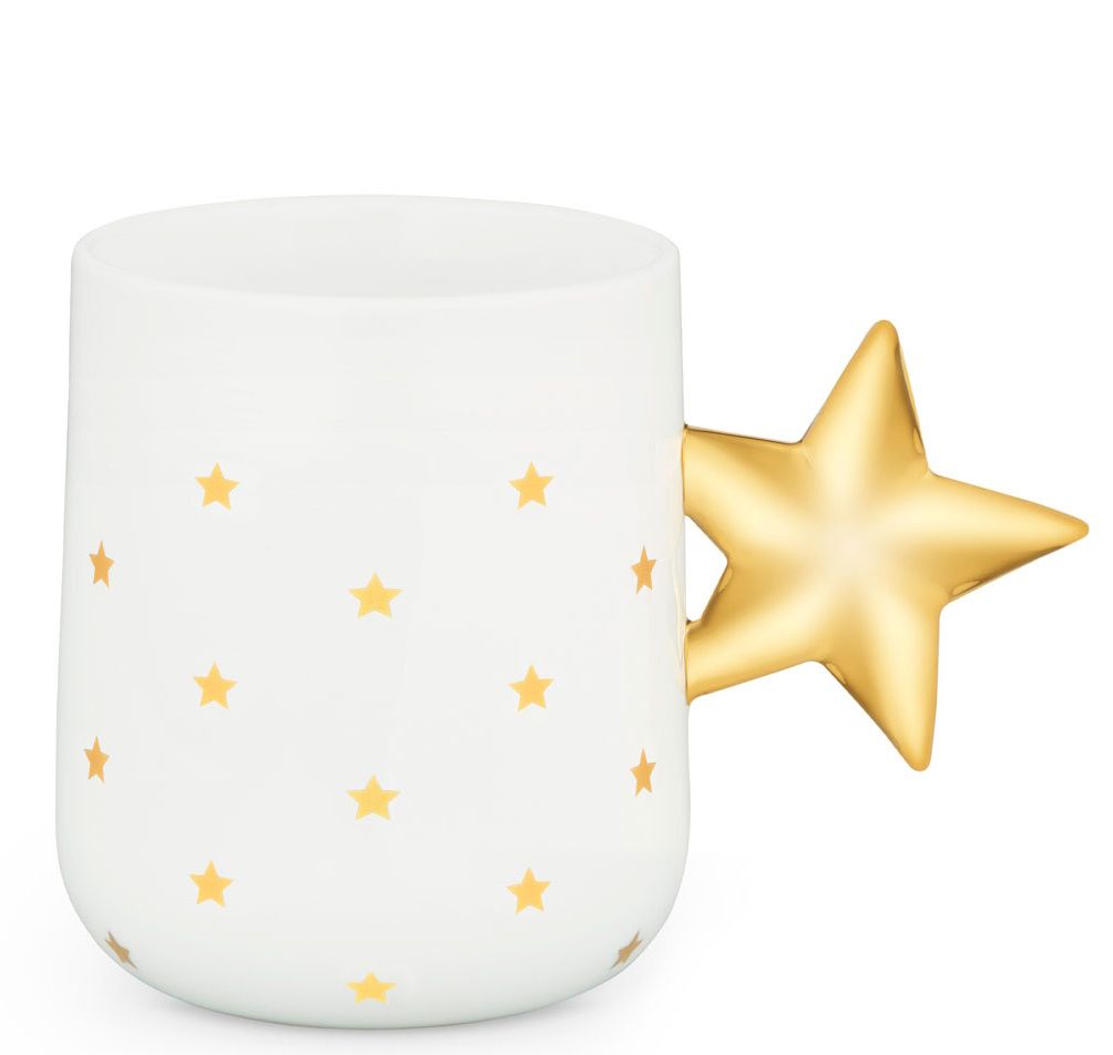 Alessi NZ01 Delight Mug Tasse: Weiße Keramiktasse mit goldenen Sternen und Sternförmigem Griff.