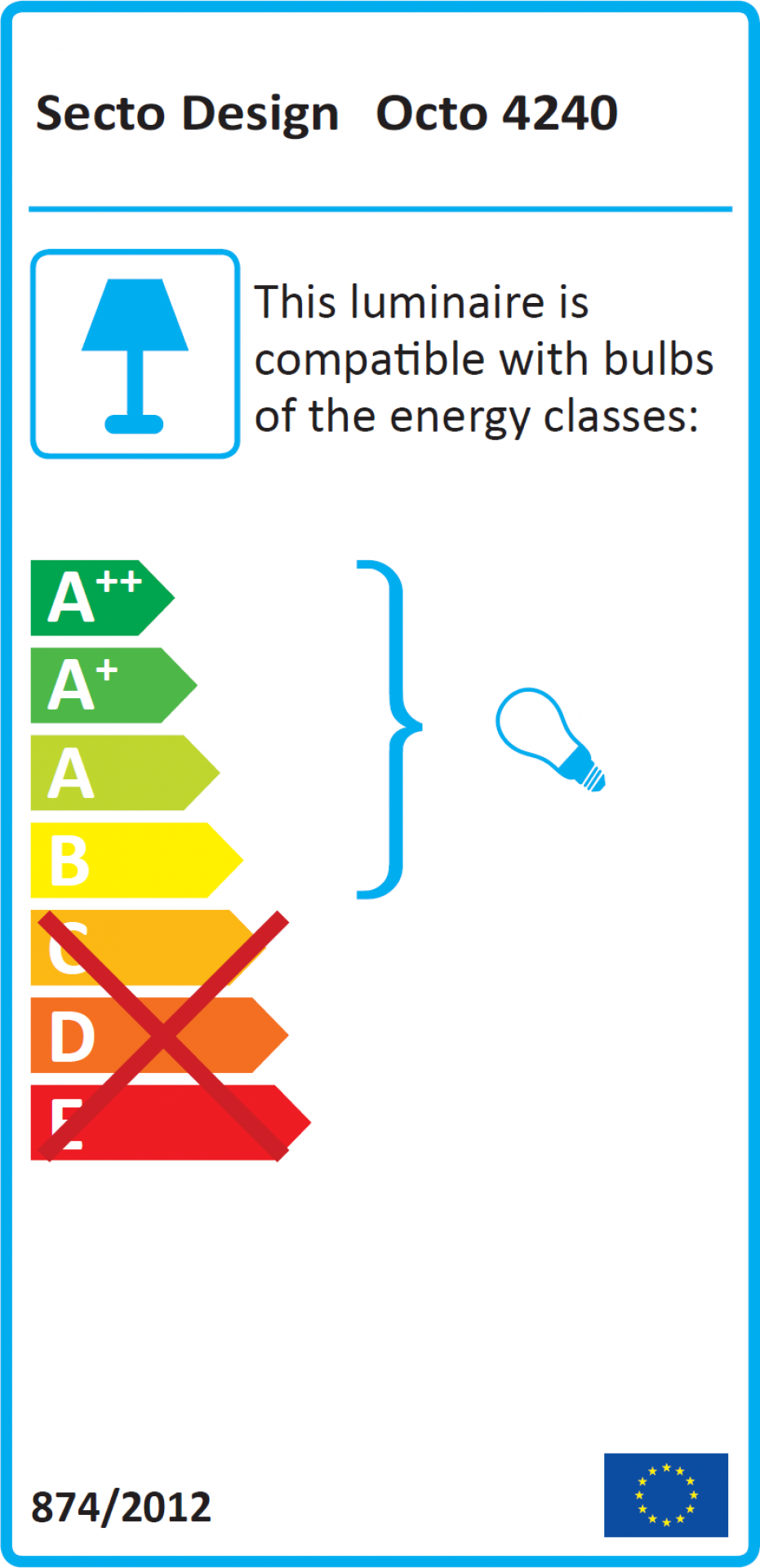 Energieeffizienzlabel der Secto Design Octo 4240 Pendelleuchte, kompatibel mit Leuchtmitteln der Energieklassen A++ bis B.