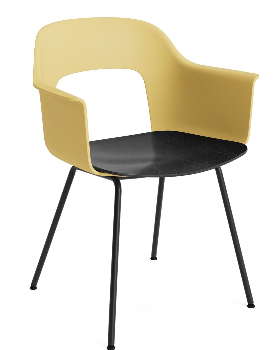 Layout Armchair 212 von Hay: Gelber Armlehnstuhl mit schwarzer Sitzfläche und filigranem, schwarzen Metallgestell.