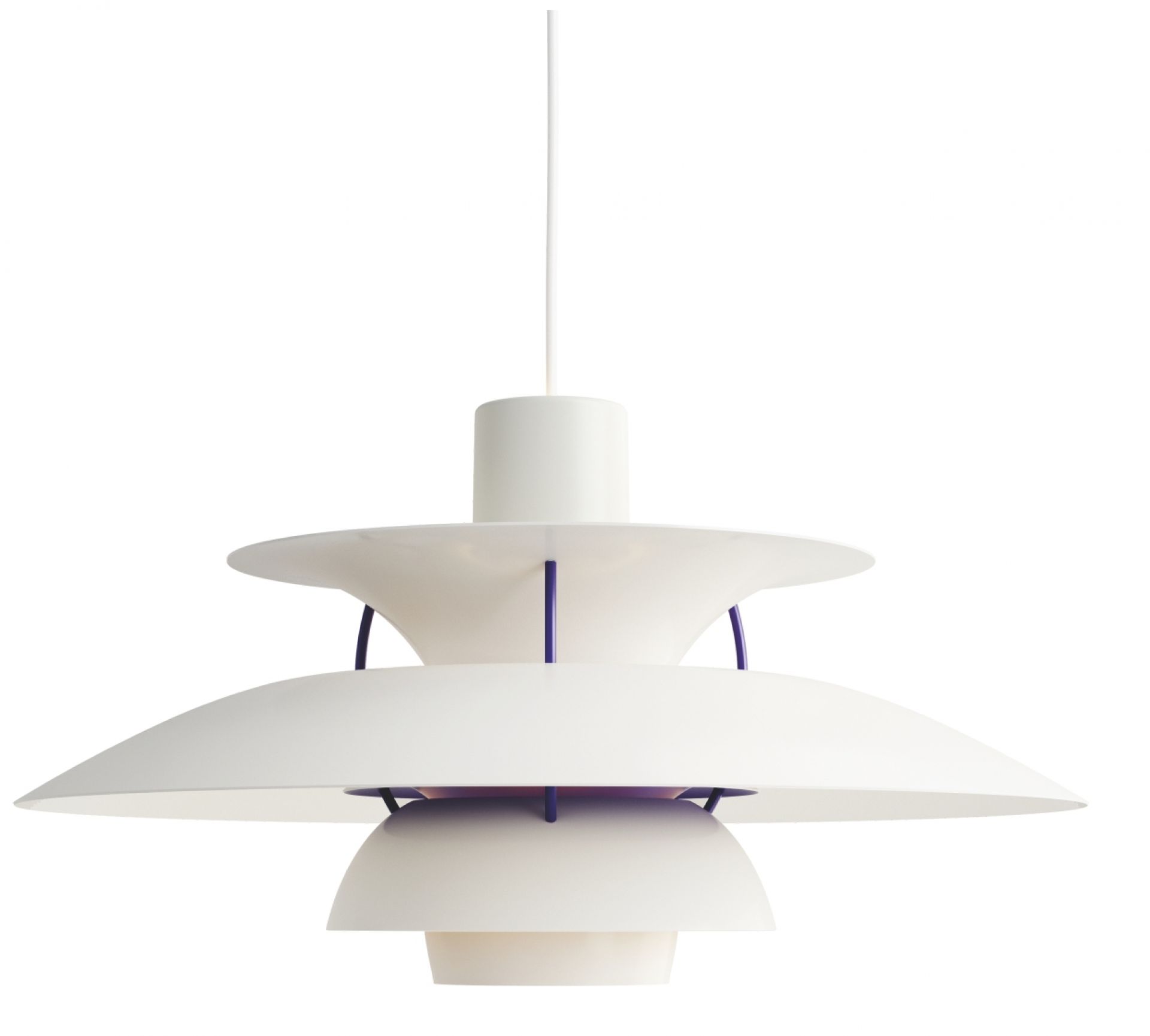 Weiße PH 5 Pendelleuchte von Louis Poulsen, modernes Design mit mehreren Lampenschirmen für indirektes Licht.