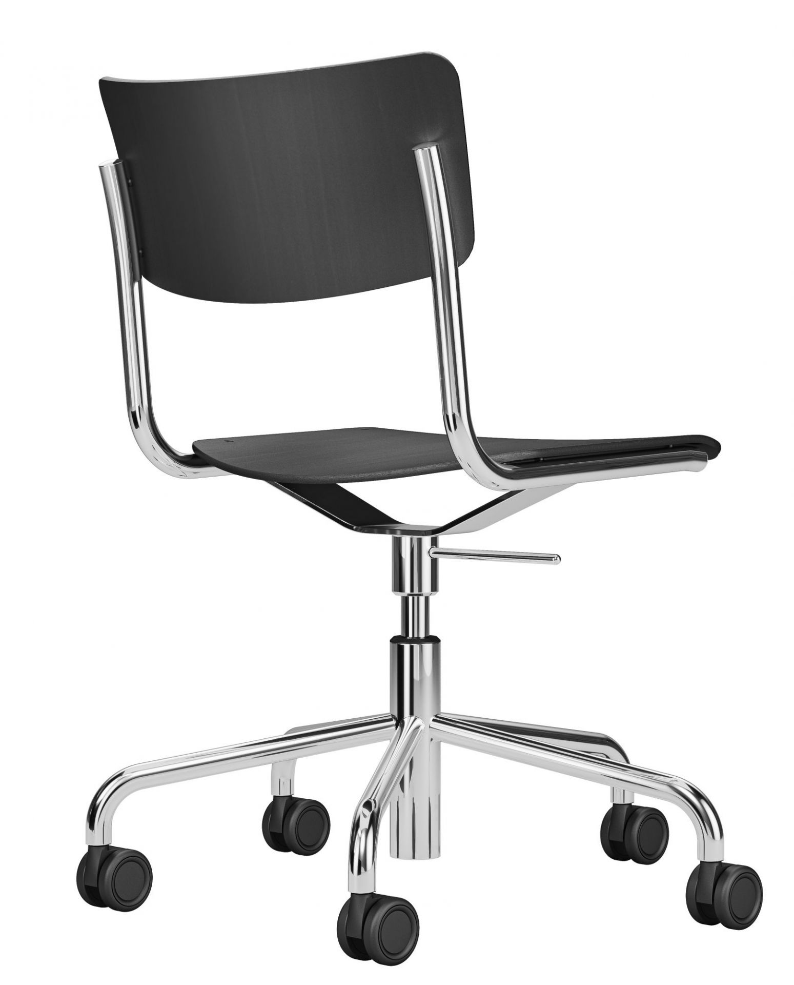 Rückansicht des Thonet S 43 DR Drehstuhls mit schwarzer Sitzfläche und verchromtem Stahlrohrgestell.