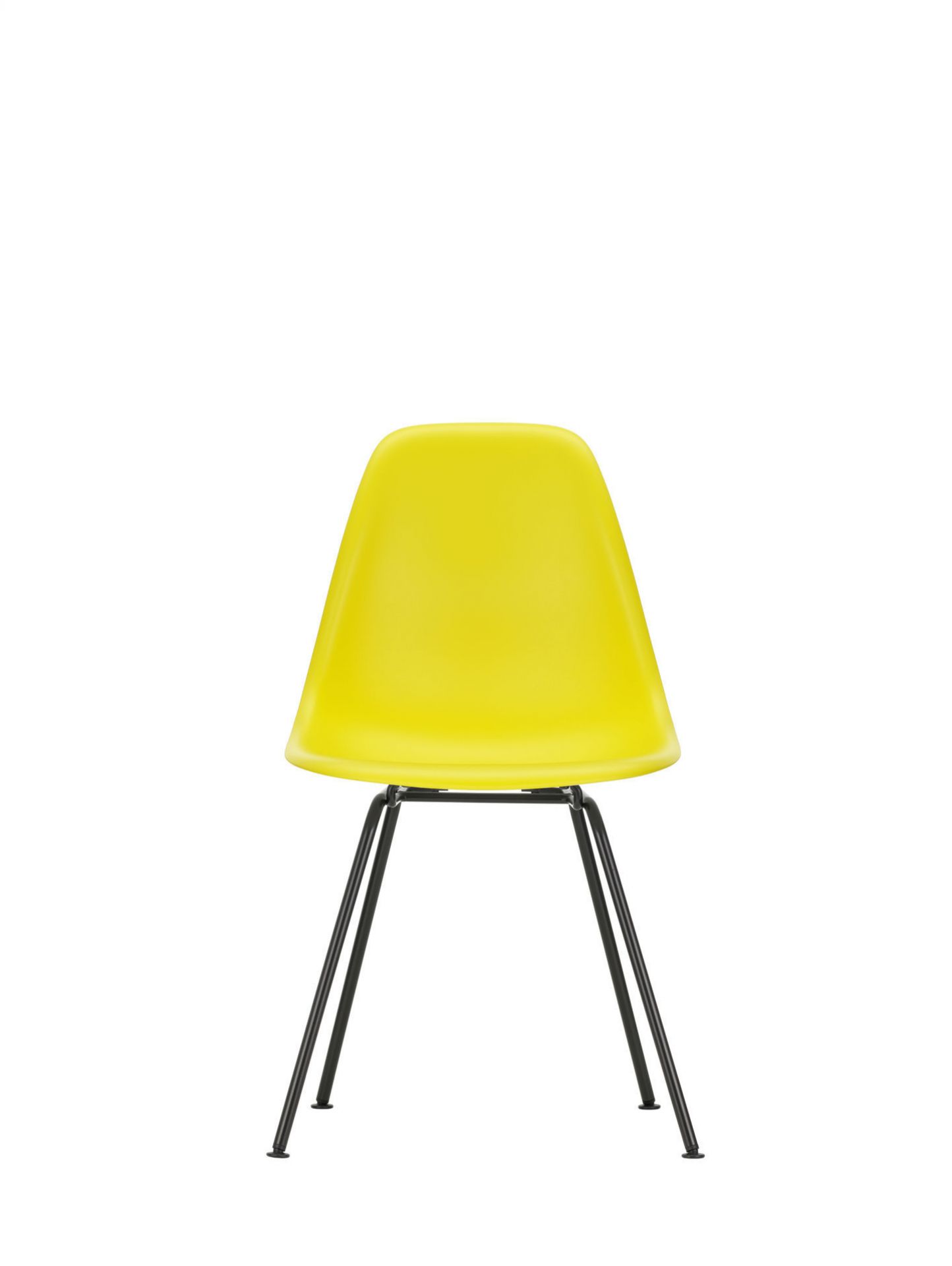 Gelber Eames Plastic Side Chair DSX Stuhl von Vitra mit Chromgestell, moderner Designklassiker.
