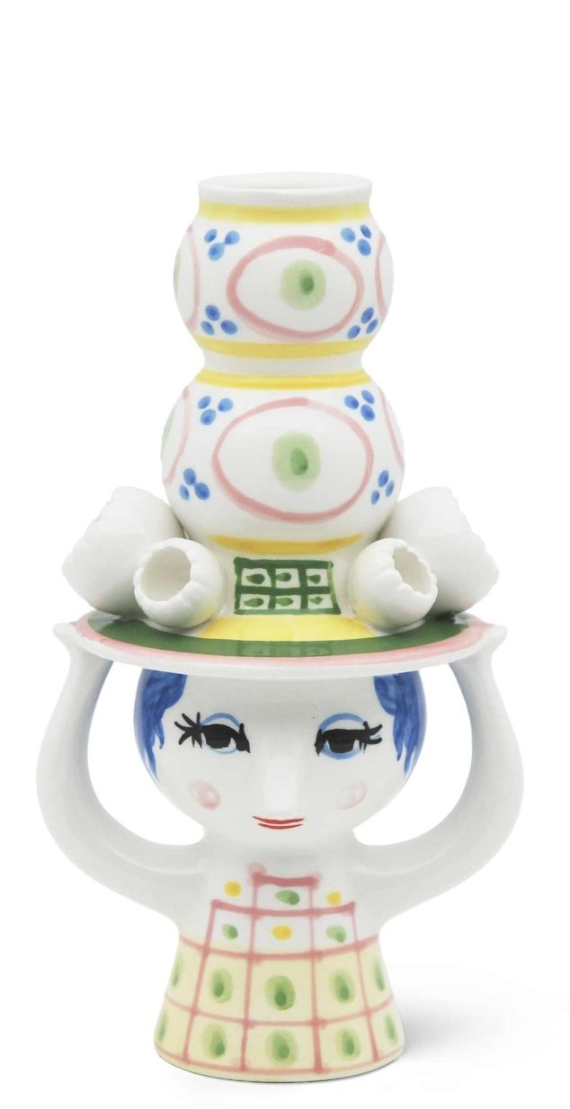 Kerzenständer "Lady with Hat" von Bjorn Wiinblad, dekorative Keramikfigur mit Hut und Kerzenhalter.
