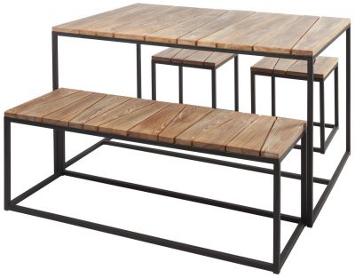Alois Tischgruppe von Jan Kurtz: Outdoor-Essgruppe mit Holztisch, Bank und zwei Hockern.