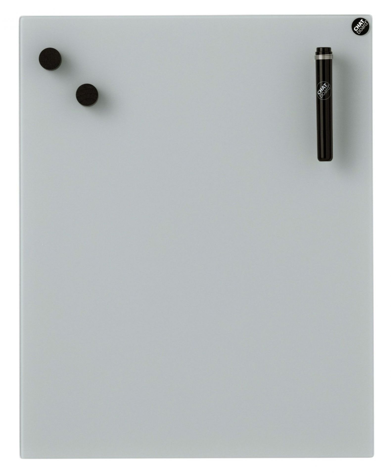 Chat Board Glastafel in Grau mit Magneten und Stift, magnetische Wandtafel für Büro.