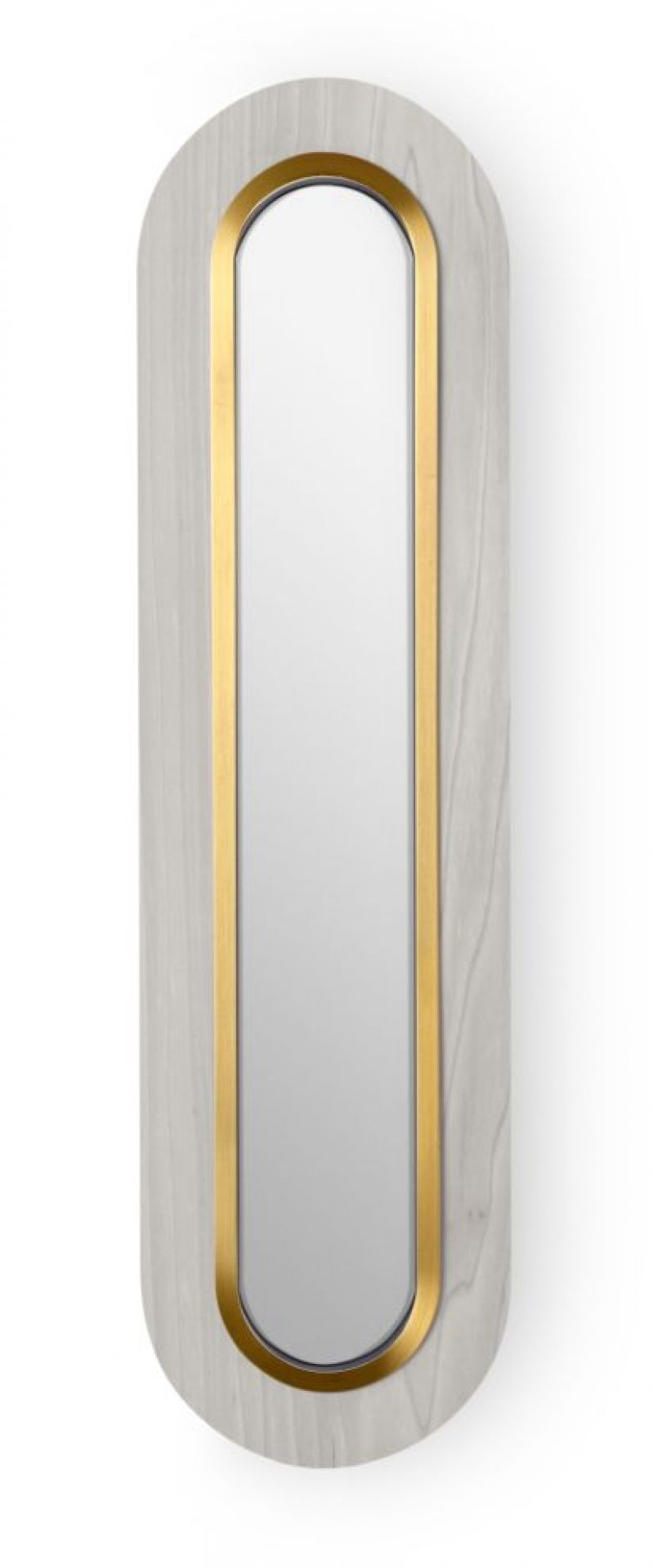 Lens LED Wandleuchte von LZF Lamps: Ovale, gestreckte Lampe mit goldenem Metallring und grauem Holz.