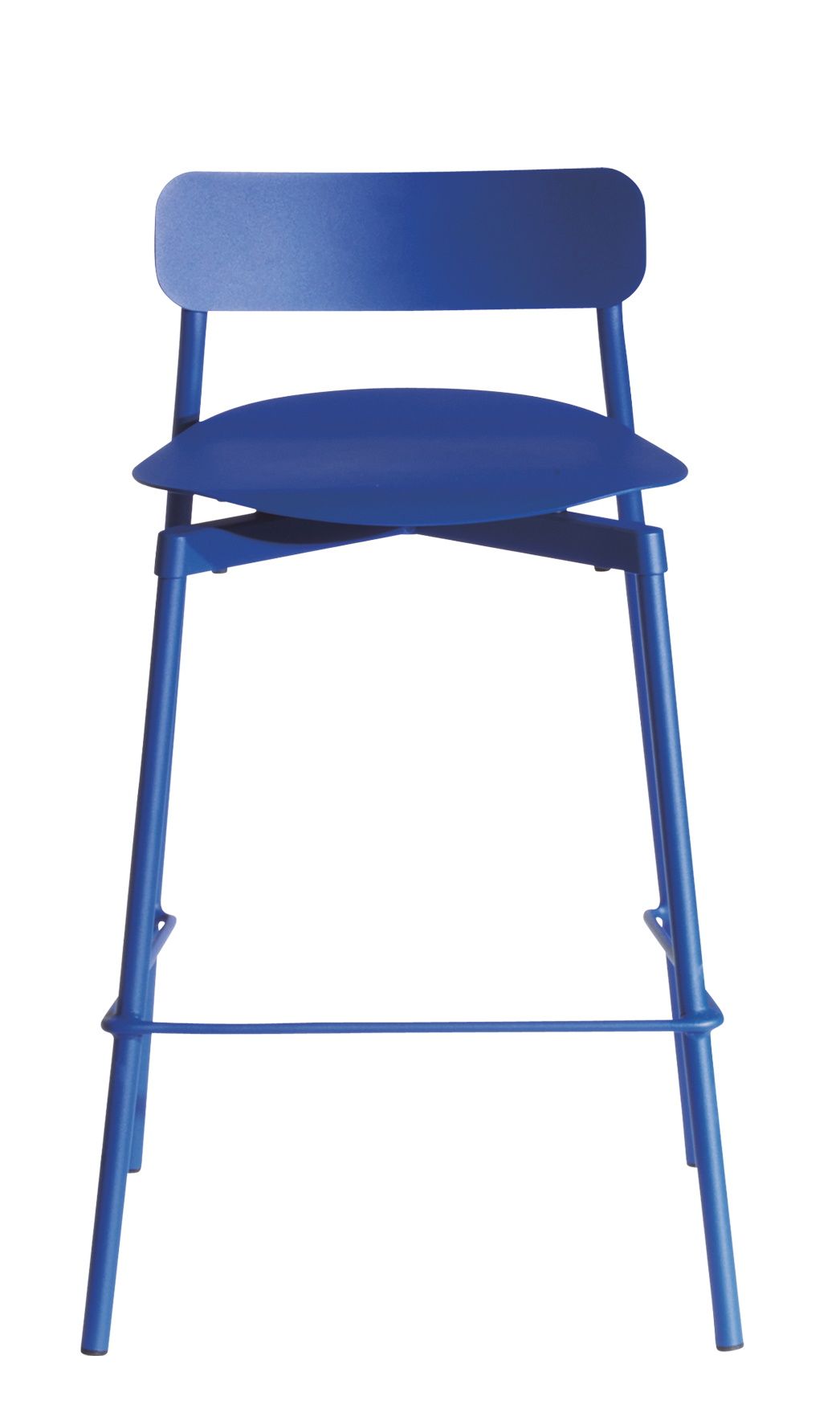 Blauer Fromme Barstuhl von Petite Friture, Hocker mit Rückenlehne und Fußstütze für Küche oder Bar.