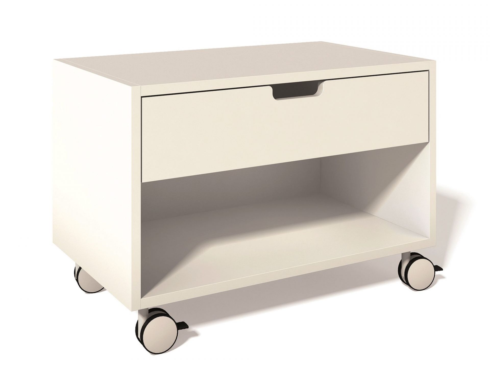 Weißer Müller Möbelwerkstätten Nachttisch mit Schublade, offenem Fach und Rollen. Modernes Design für Schlafzimmer.
