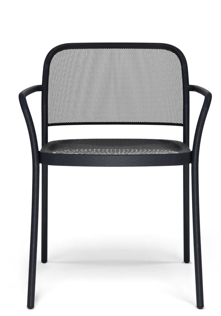 Schwarzer Cafè Armchair von Emu für den Außenbereich, moderner Metallstuhl mit Armlehnen und Netzstruktur.