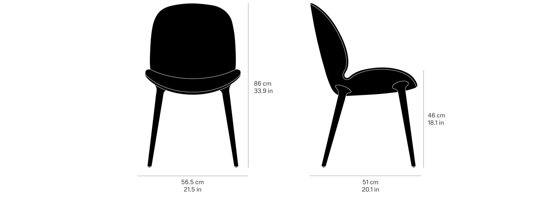 Lodge Stuhl Vipp: Schwarz-weiße Strichzeichnung mit Maßangaben für Design und Komfort. Moderner Stuhl für Esszimmer.
