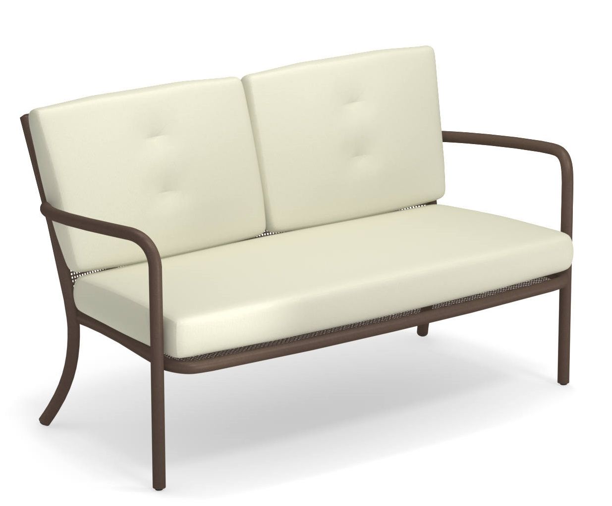 Athena 2-Sitzer Sofa von Emu für den Außenbereich, modernes Design mit cremefarbenen Polstern und braunem Metallrahmen.