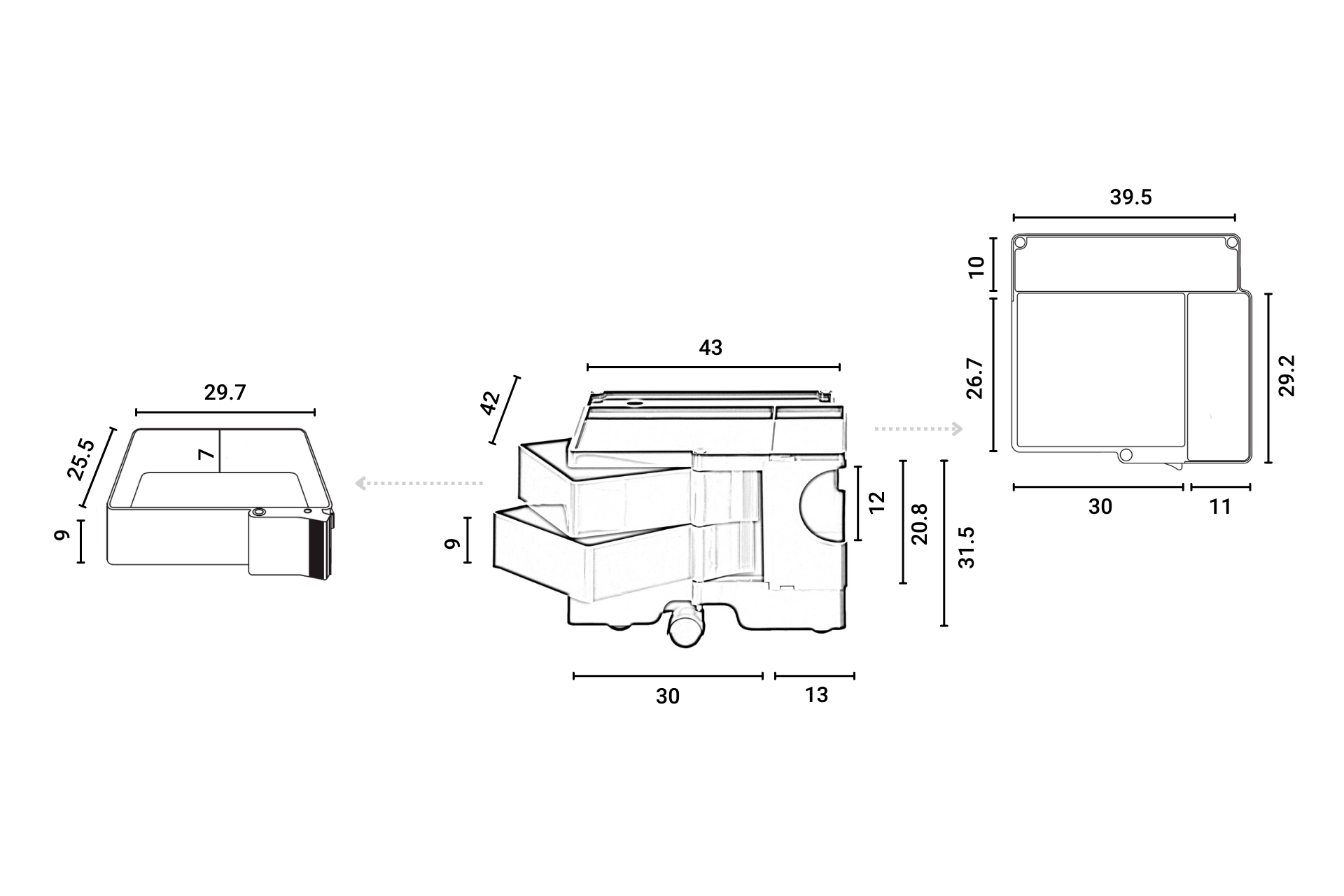 Maßzeichnung Boby Rollcontainer B-Line mit detaillierten Abmessungen für Büro und Arbeitszimmer.