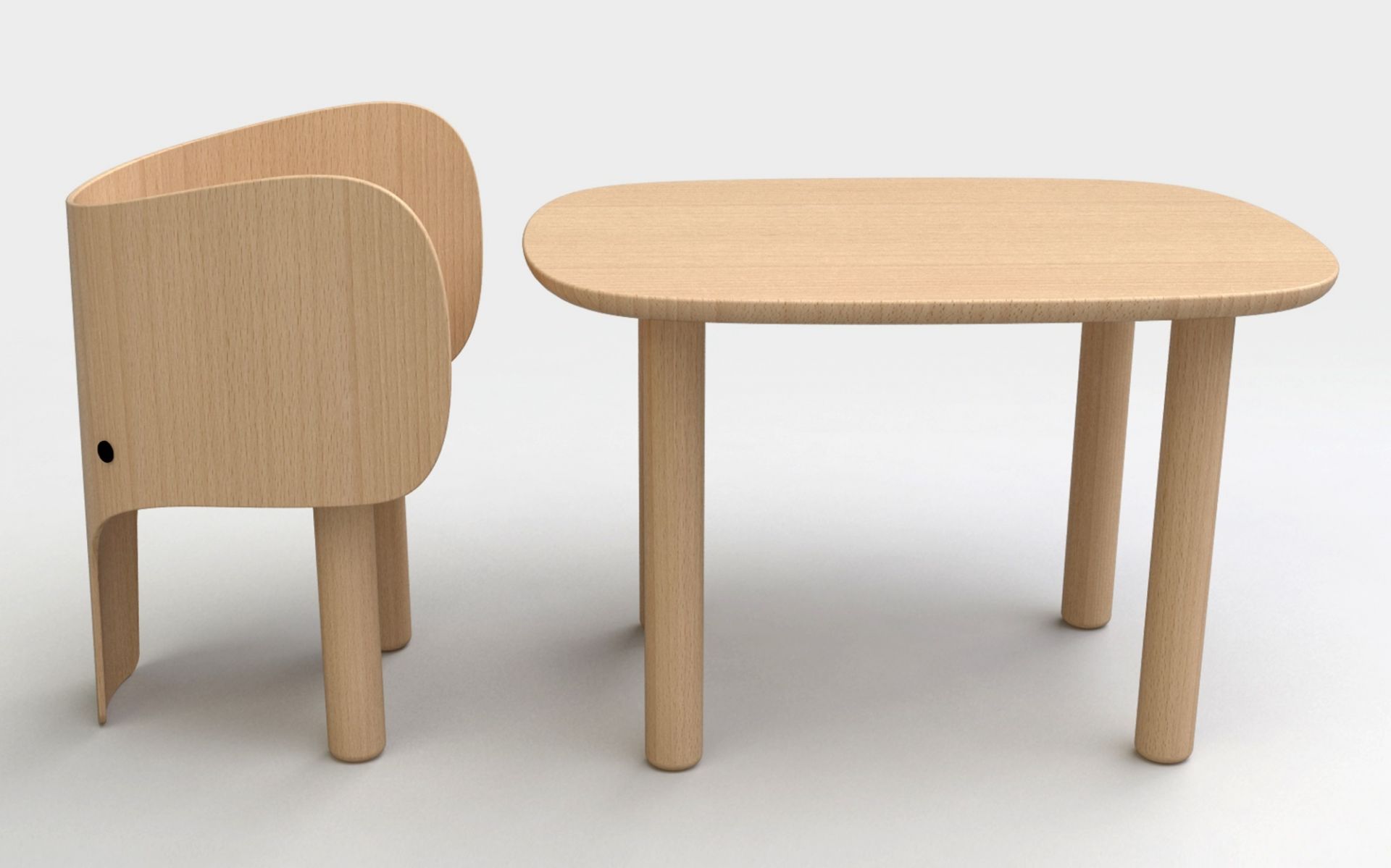 Elephant Chair Kinderstuhl EO und passender Tisch aus hellem Holz, modernes Design.