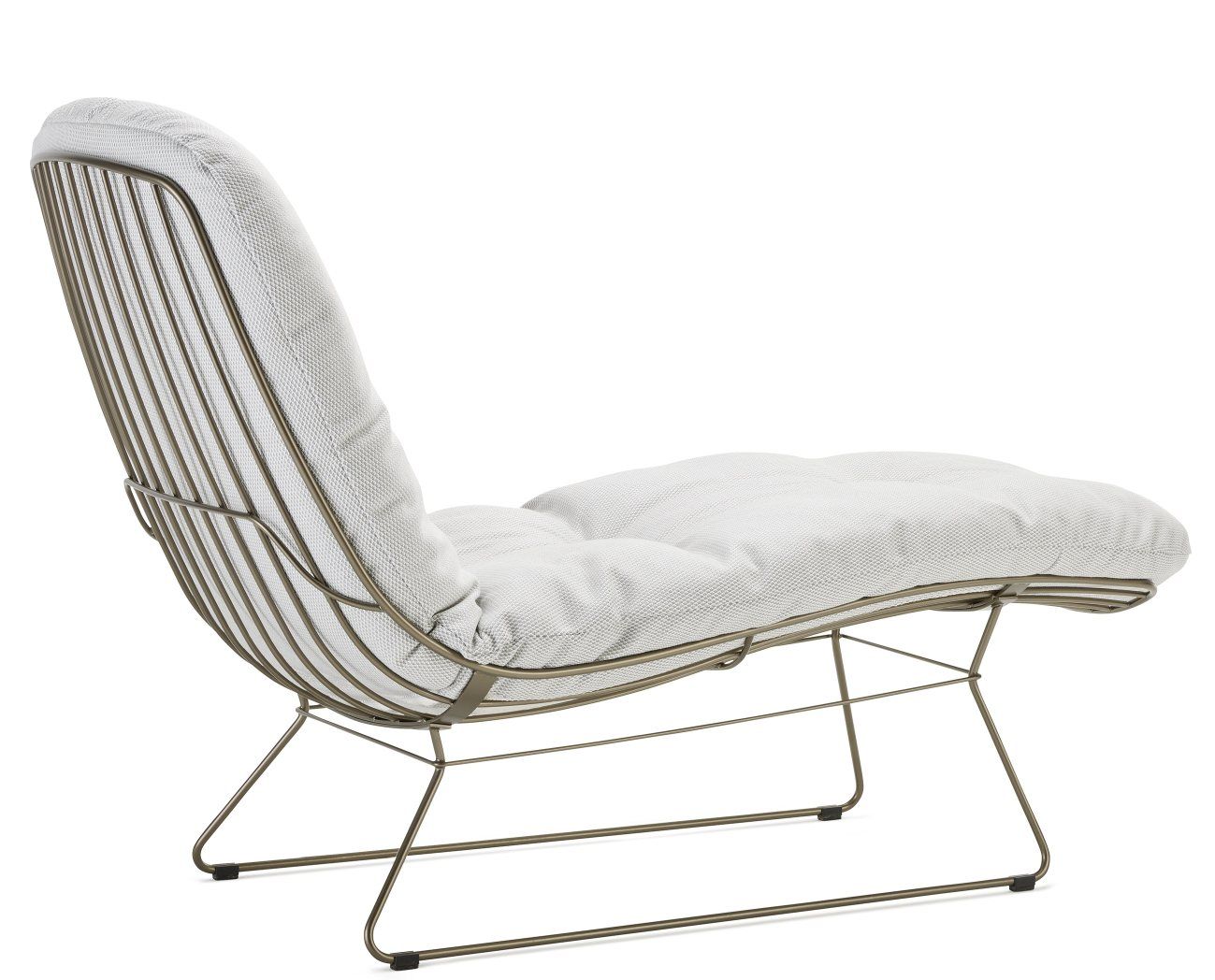 Leyasol Sonnenliege von Freifrau Manufaktur, Indoor und Outdoor geeignet, mit weißem Stoffbezug und filigranem Metallgestell.