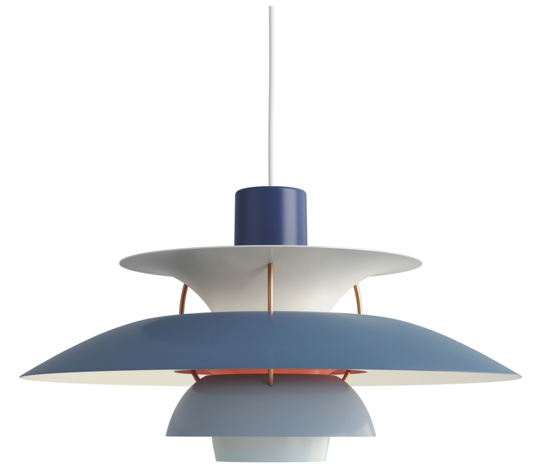 Blaue PH 5 Pendelleuchte von Louis Poulsen, Design-Klassiker für stilvolle Beleuchtung im Wohnraum.