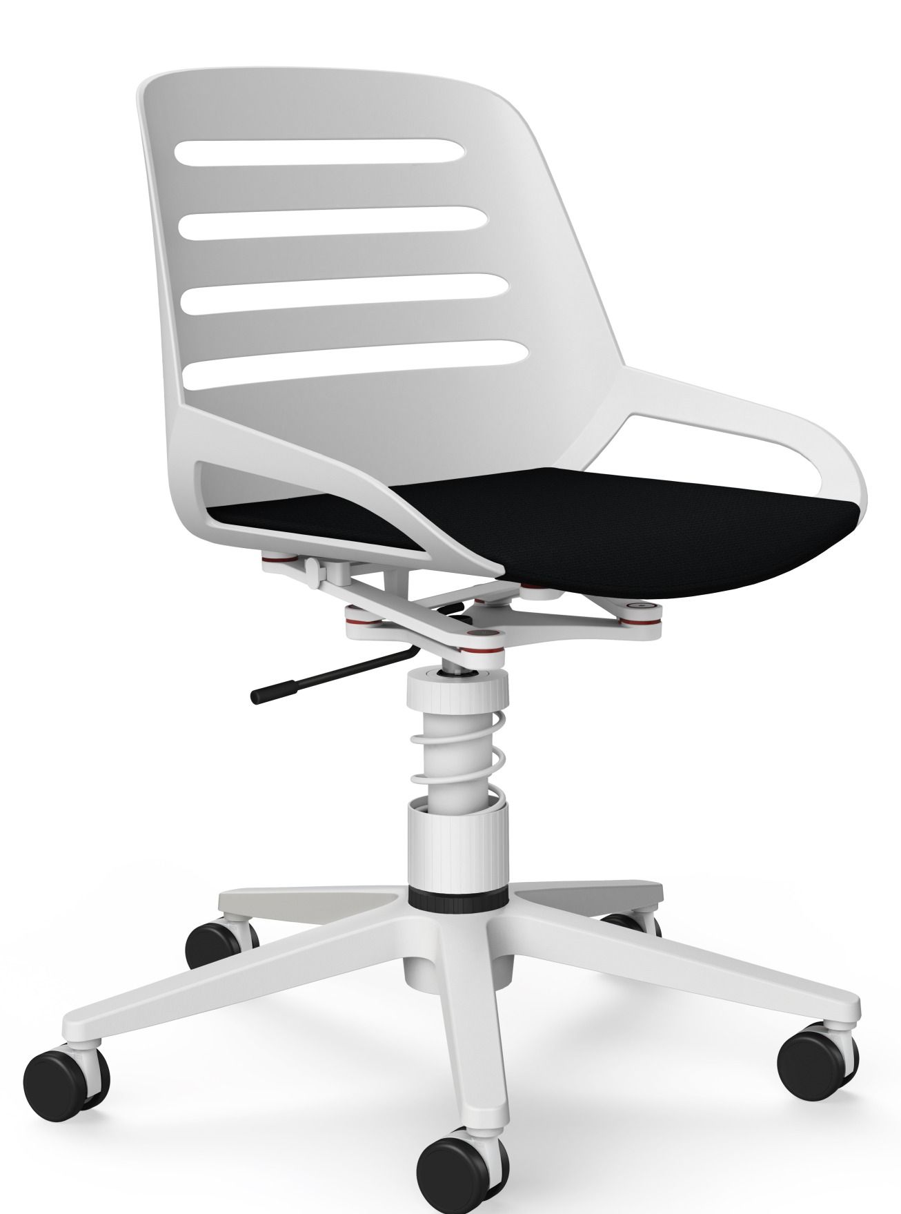 Numo Drehstuhl von Aeris, weiß mit schwarzem Sitz, ergonomischer Bürostuhl mit Rollen und Federbein.